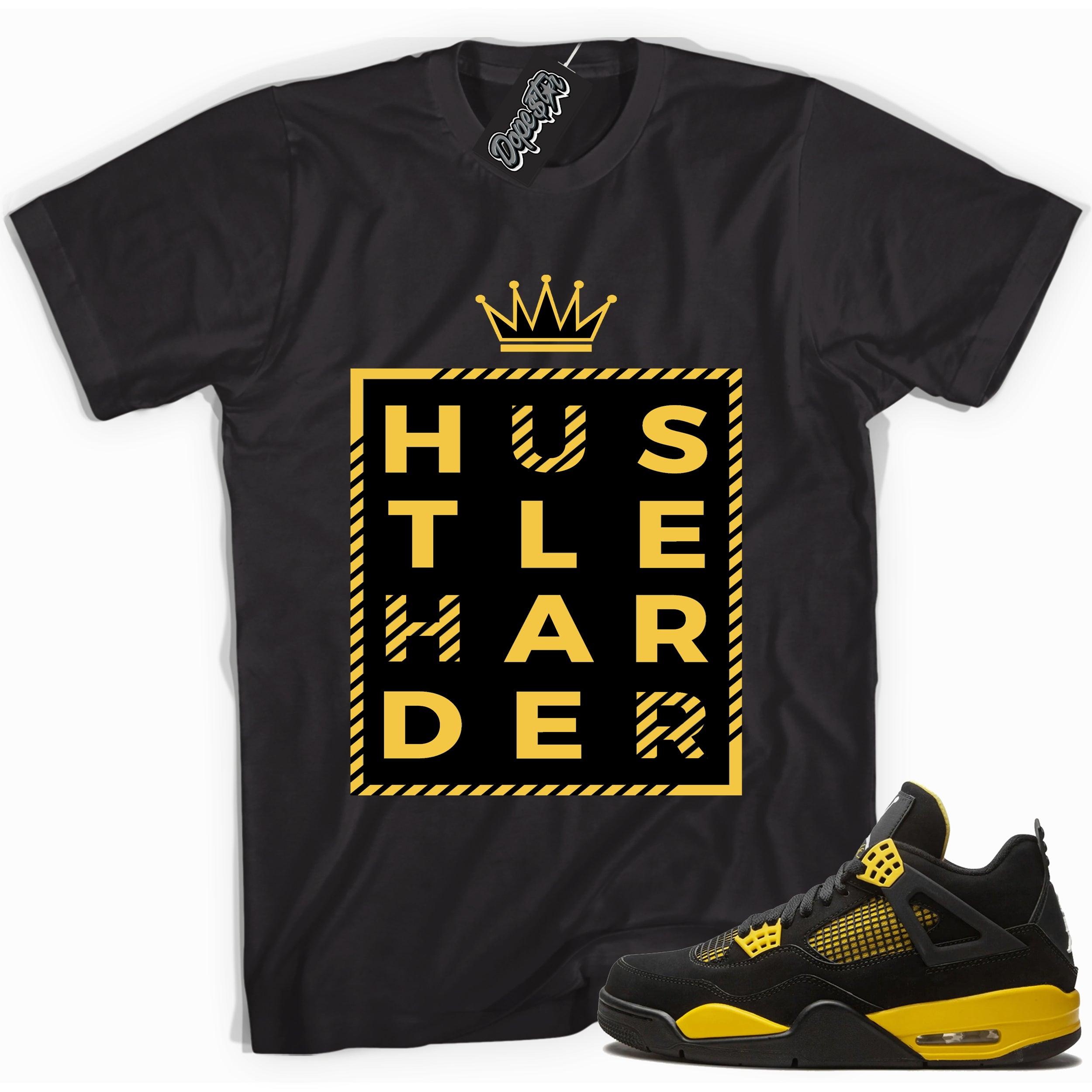 Cool black graphic tee with 'hustle harder' print, that perfectly matches  Air Jordan 4 Thunder sneakers