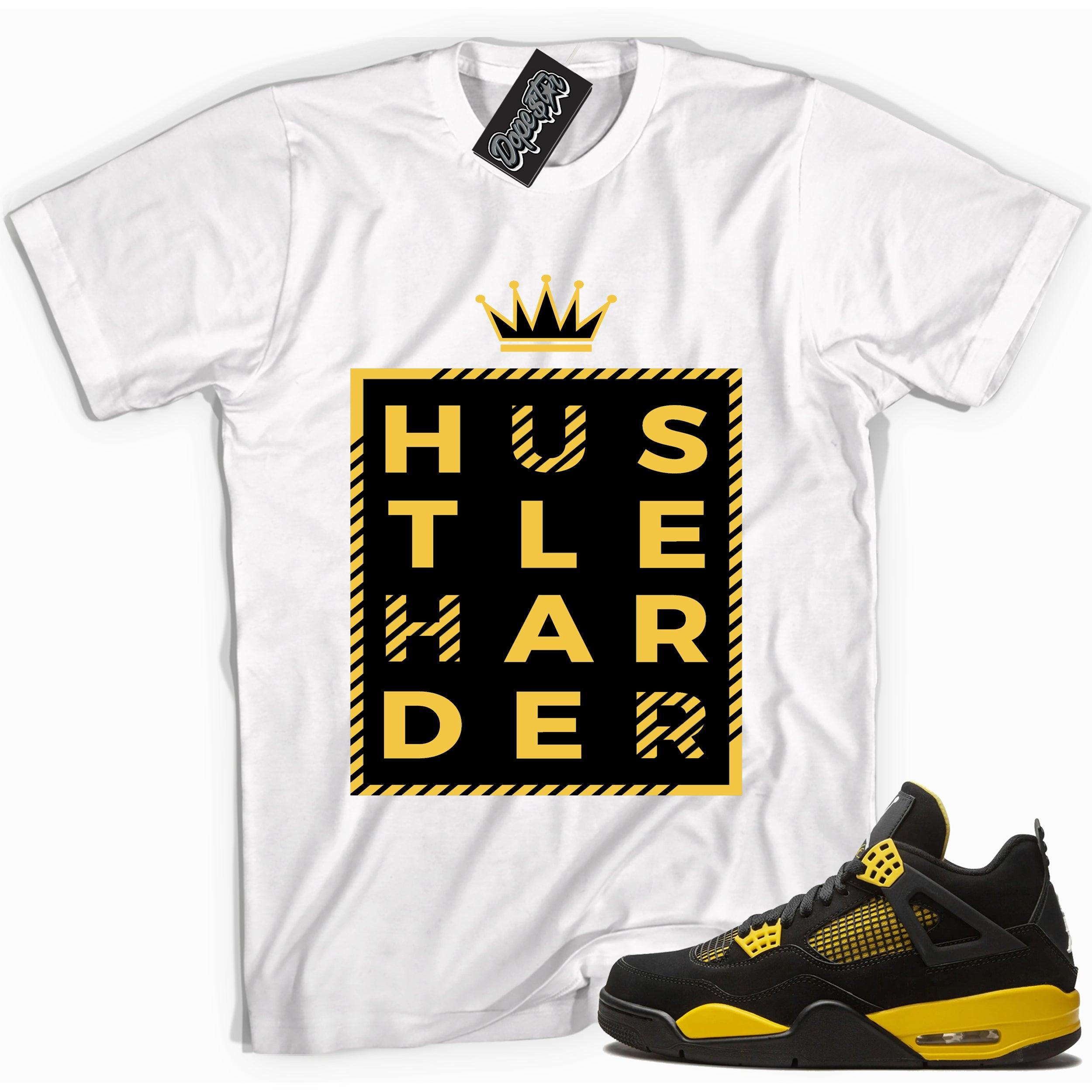 Cool white graphic tee with 'hustle harder' print, that perfectly matches Air Jordan 4 Thunder sneakers