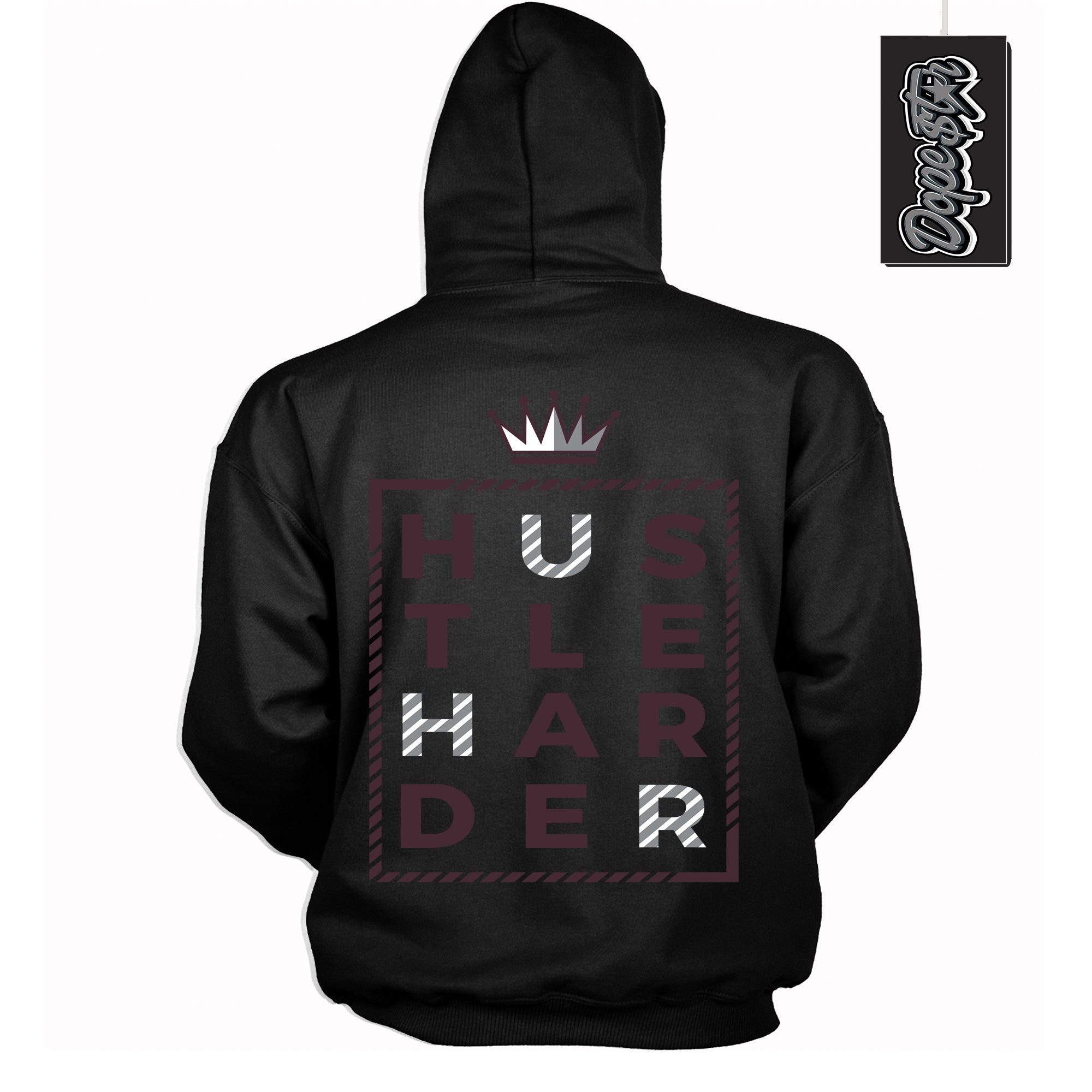 Cool Black Hoodie with “ Hustle Harder ”  design that Perfectly Matches Burgundy 5s Sneakers.