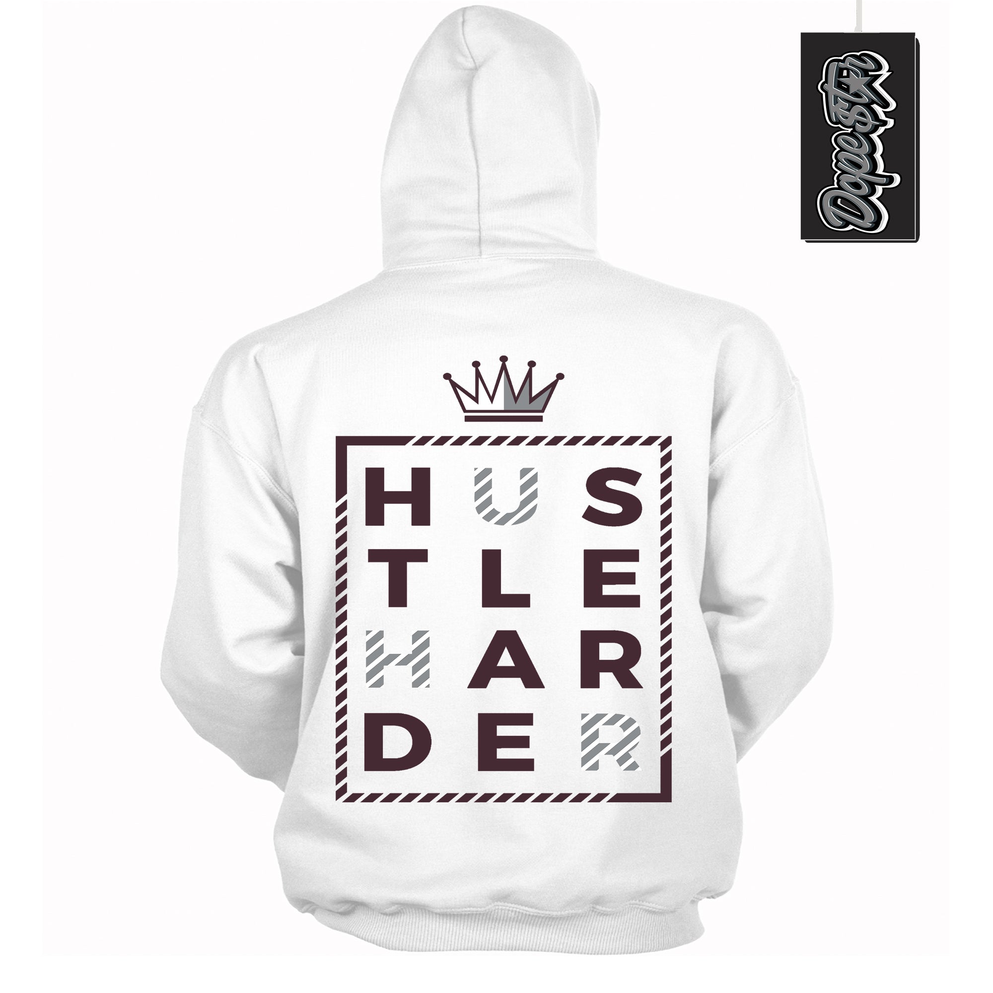 Cool White Hoodie with “ Hustle Harder ”  design that Perfectly Matches Burgundy 5s Sneakers.