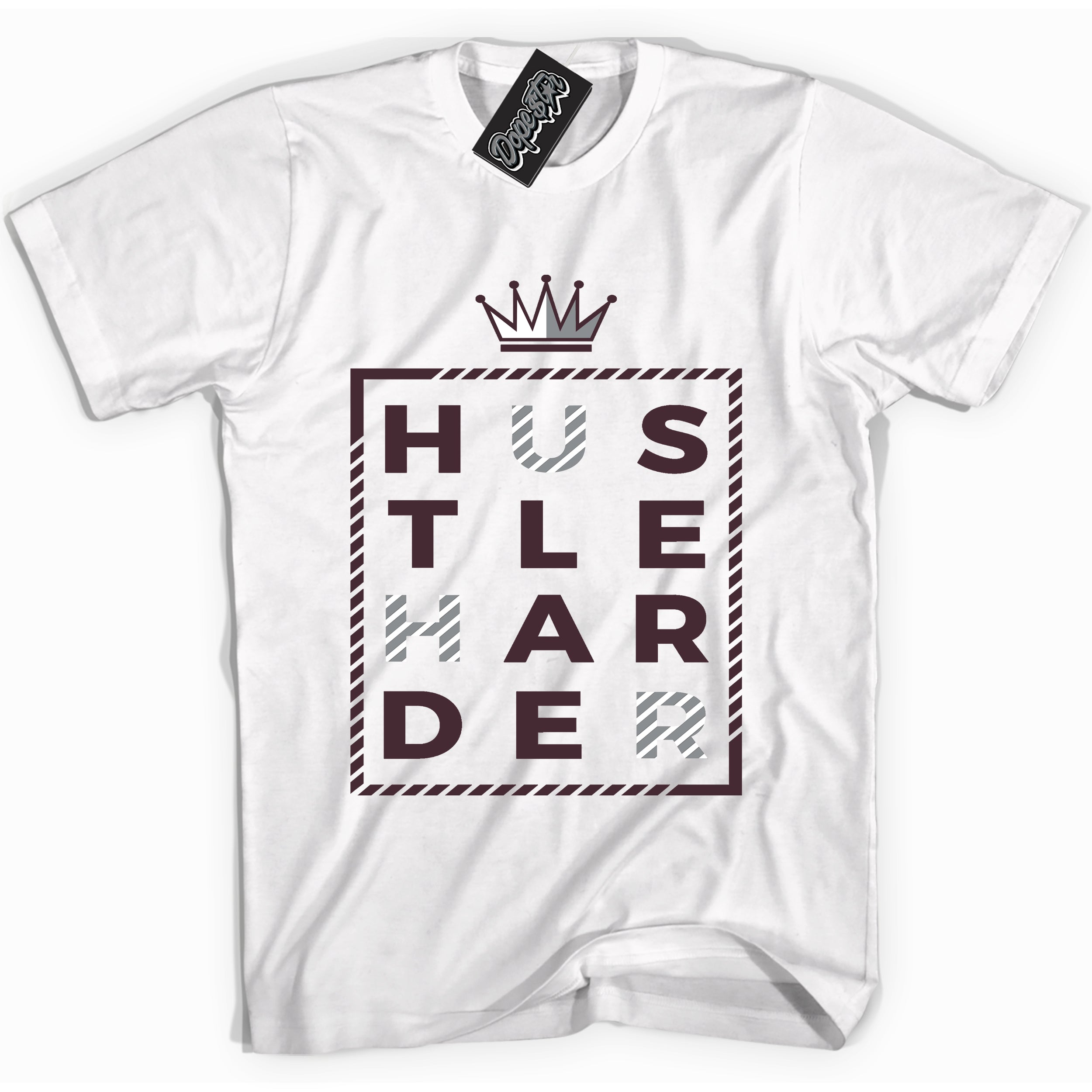 Cool White Shirt with “ Hustle Harder” design that perfectly matches Burgundy 5s Sneakers.