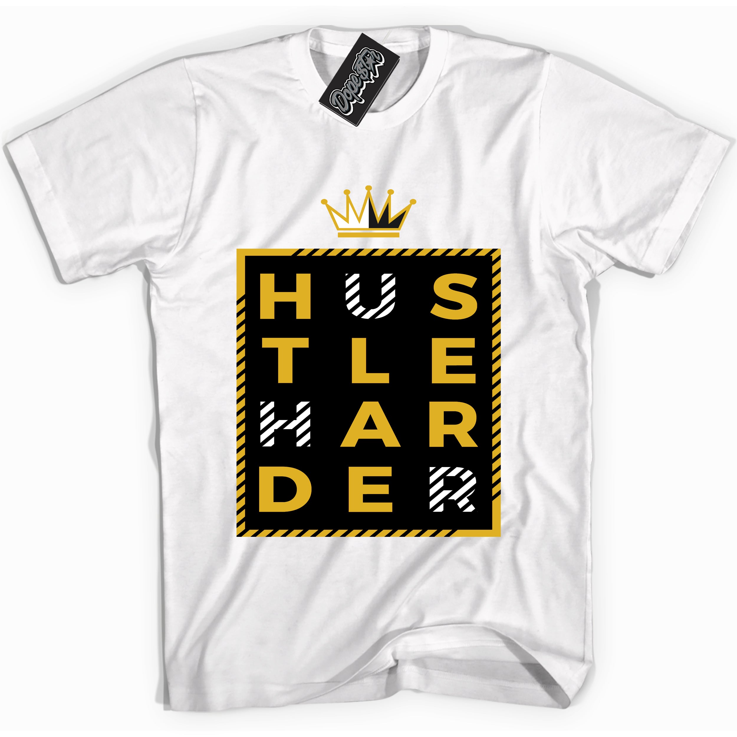 Cool White Shirt With Hustle Harder design That Perfectly Matches AIR JORDAN 6 RETRO YELLOW OCHRE Sneakers.