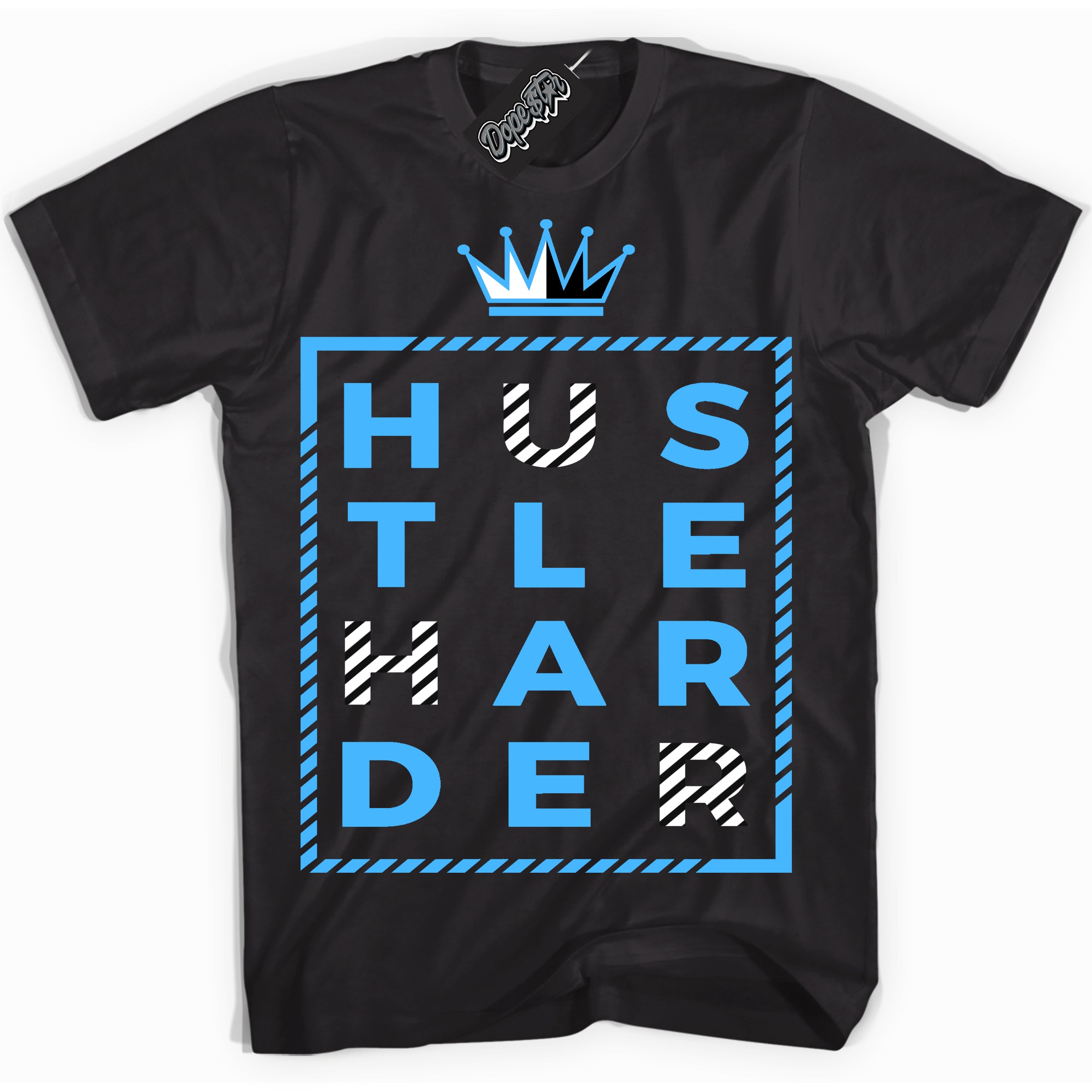 Cool Black graphic tee with “ Hustle Harder ” design, that perfectly matches Powder Blue 9s sneakers 