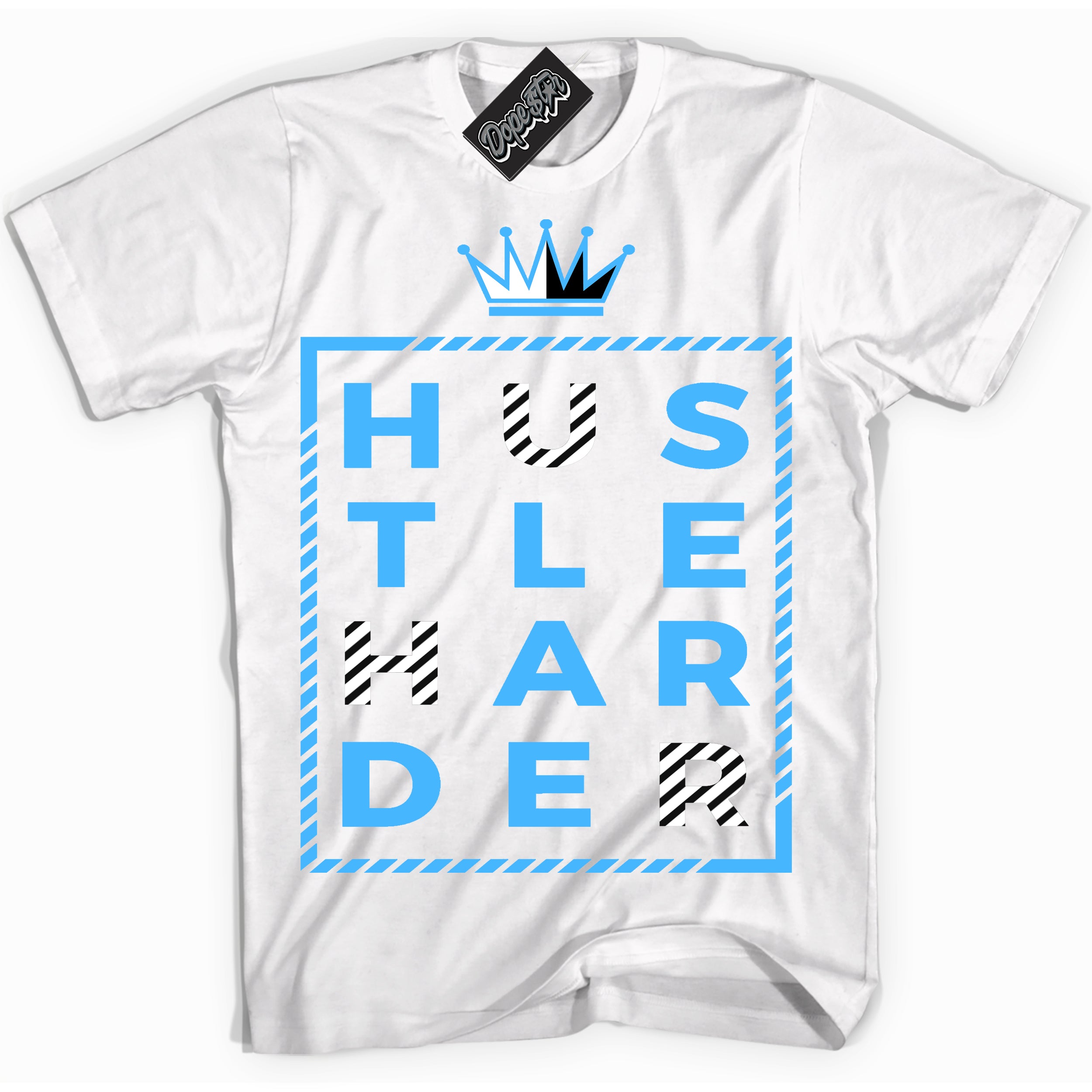 Cool White graphic tee with “ Hustle Harder ” design, that perfectly matches Powder Blue 9s sneakers 