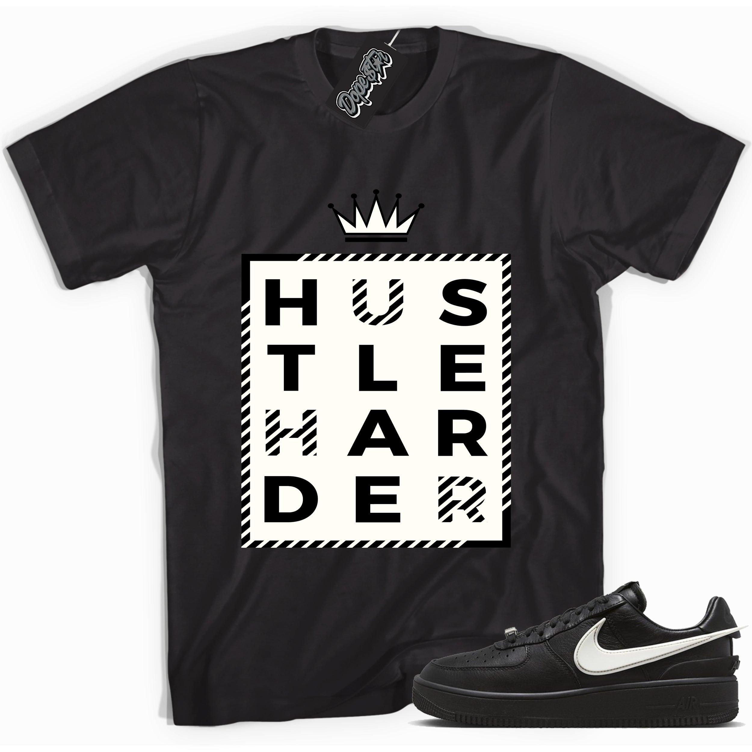 Cool black graphic tee with 'hustle harder' print, that perfectly matches Nike Air Force 1 Low SP Ambush Phantom sneakers.