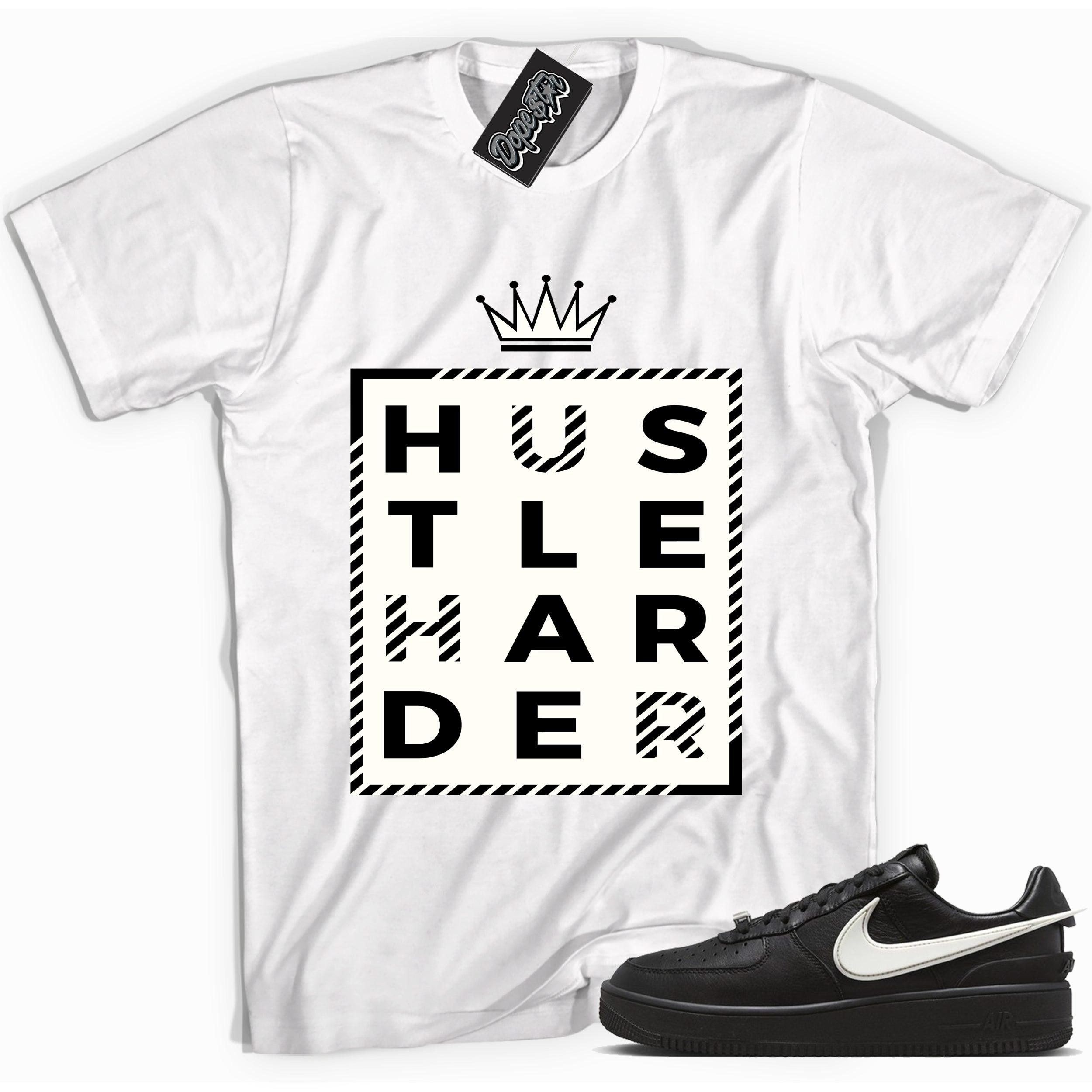 Cool white graphic tee with 'hustle harder' print, that perfectly matches Nike Air Force 1 Low SP Ambush Phantom sneakers.