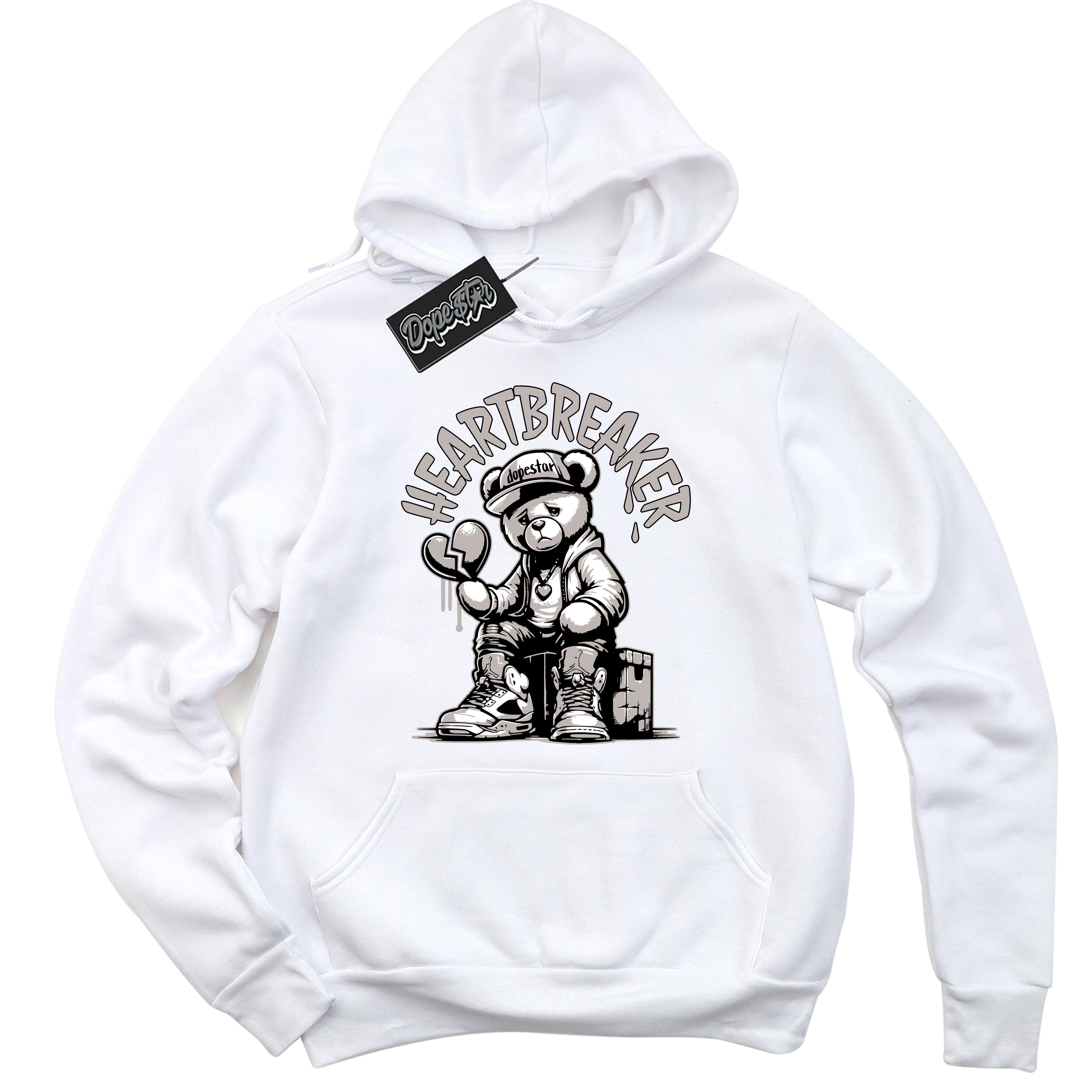 Cool White Hoodie With Heartbreaker Bear design That Perfectly Matches AIR JORDAN 4 RETRO MILITARY BLACK Sneakers.