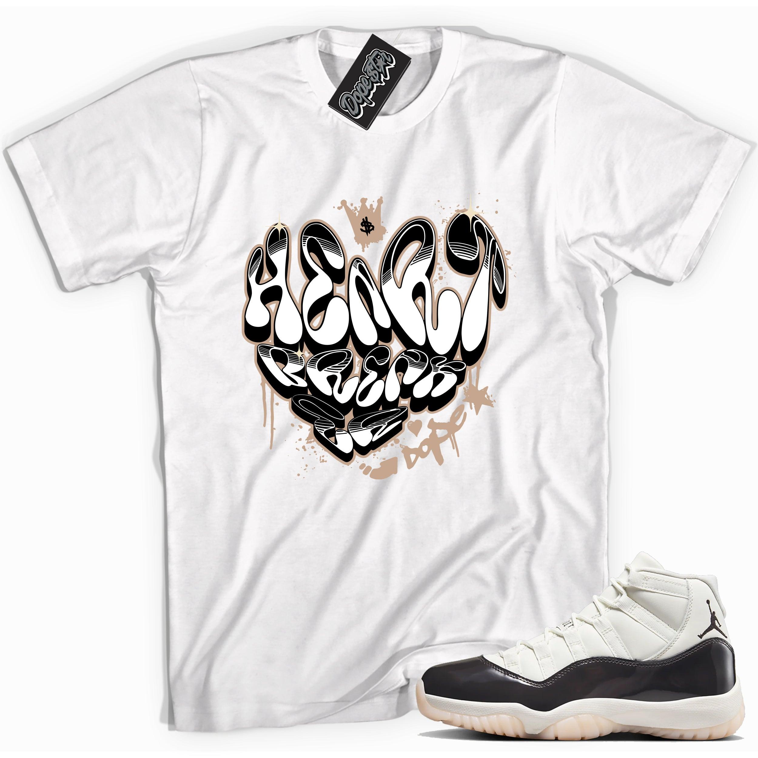 Cool White graphic tee with “ Heart Breaker ” print, that perfectly matches Air Jordan 11 Neapolitan sneakers 