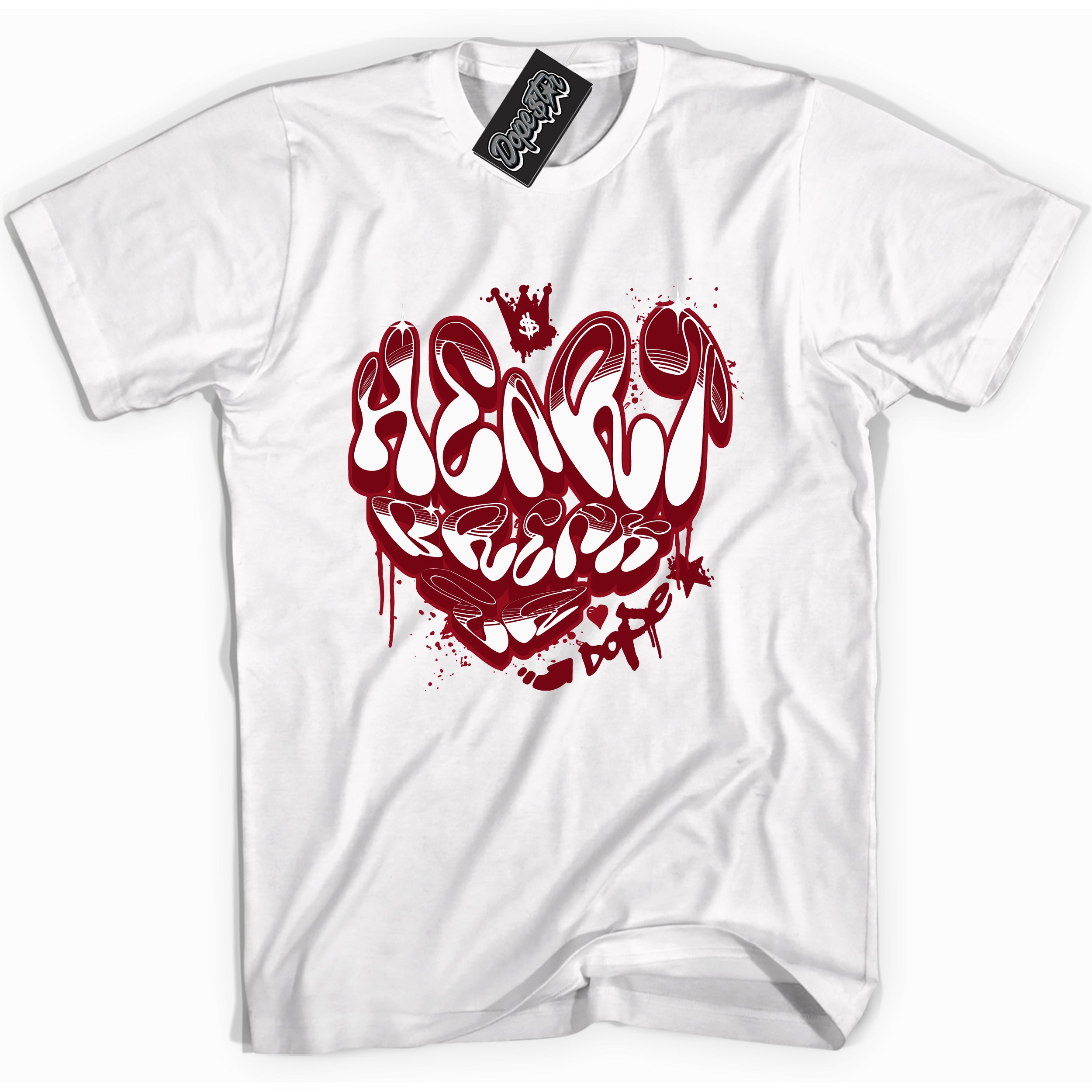Cool White graphic tee with “ Heartbreaker Graffiti ” print, that perfectly matches OG Metallic Burgundy 1s sneakers 