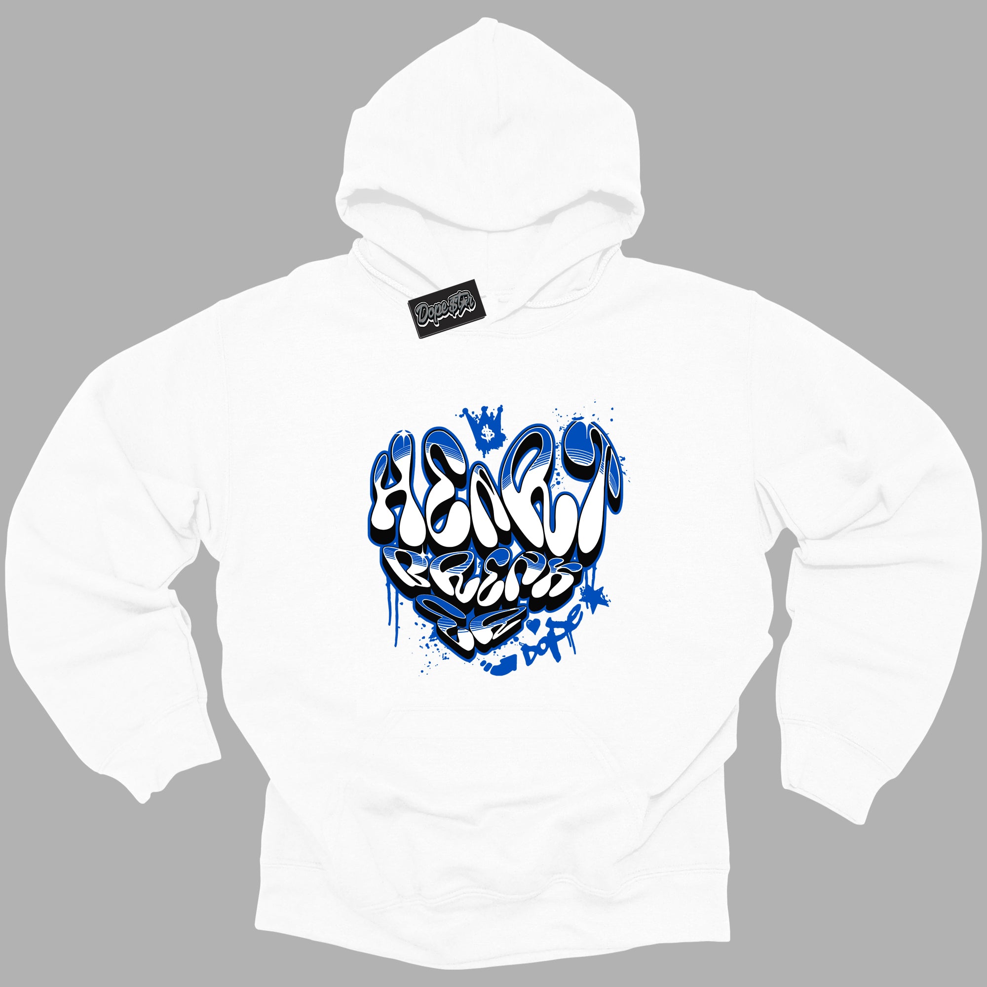 Cool White Hoodie with “ Heartbreaker Graffiti ”  design that Perfectly Matches Royal Reimagined 1s Sneakers.