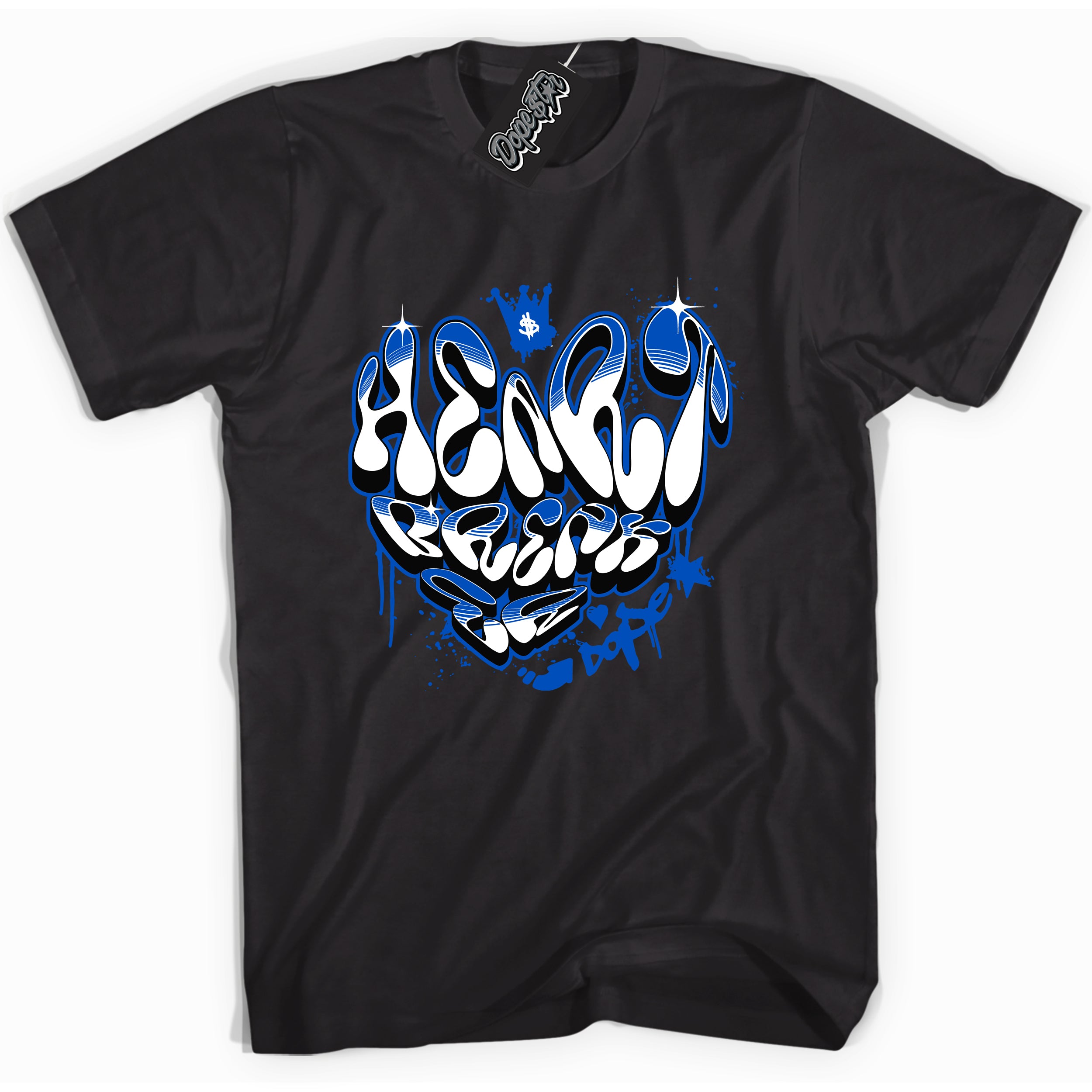 Cool Black graphic tee with Heartbreaker Graffiti print, that perfectly matches OG Royal Reimagined 1s sneakers 