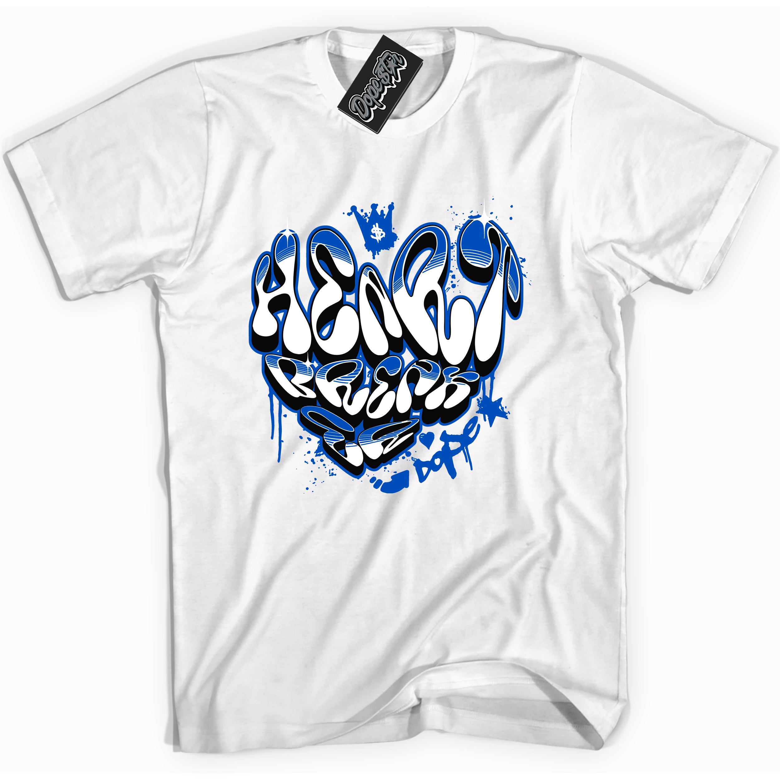 Cool White graphic tee with Heartbreaker Graffiti print, that perfectly matches OG Royal Reimagined 1s sneakers 