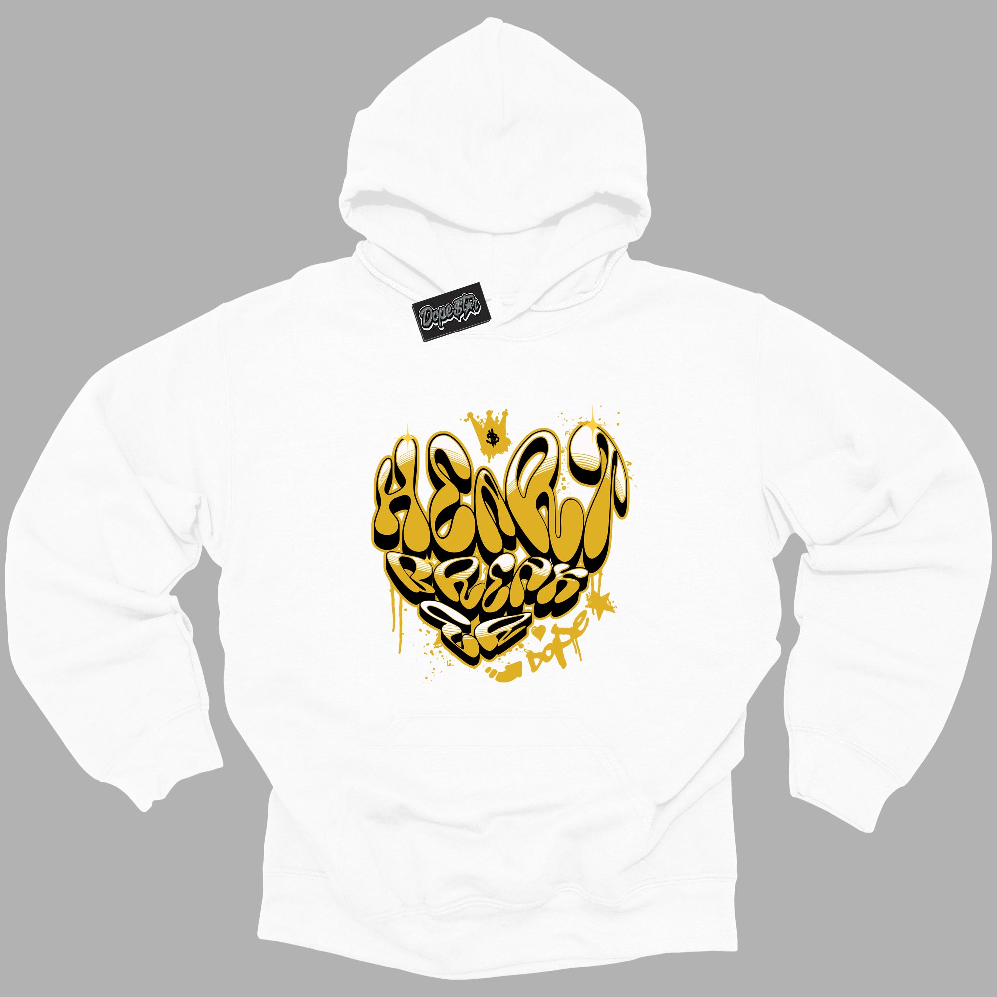 Cool White Hoodie with “ Heartbreaker Graffiti ”  design that Perfectly Matches Yellow Ochre 6s Sneakers.