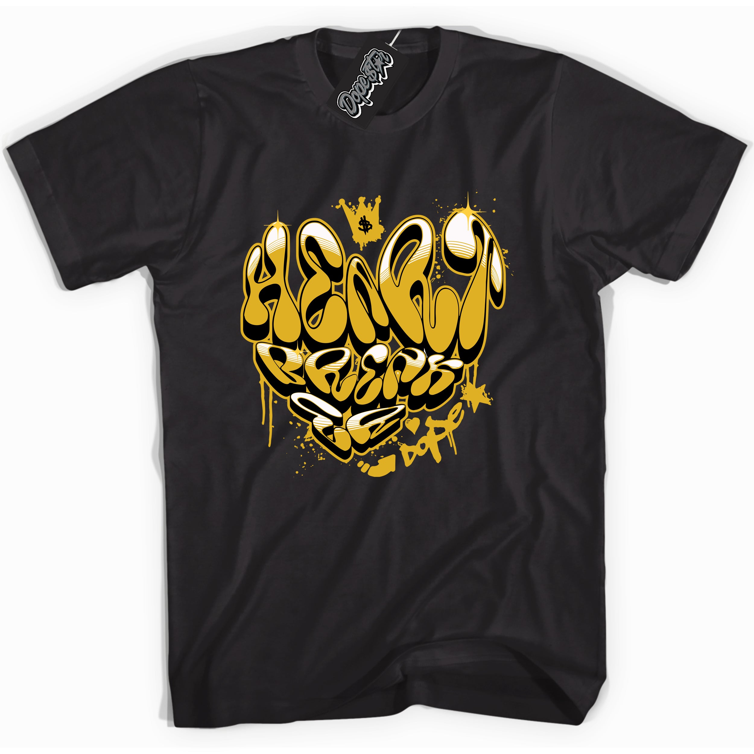 Cool Black Shirt with “ Heartbreaker Graffiti” design that perfectly matches Yellow Ochre 6s Sneakers.