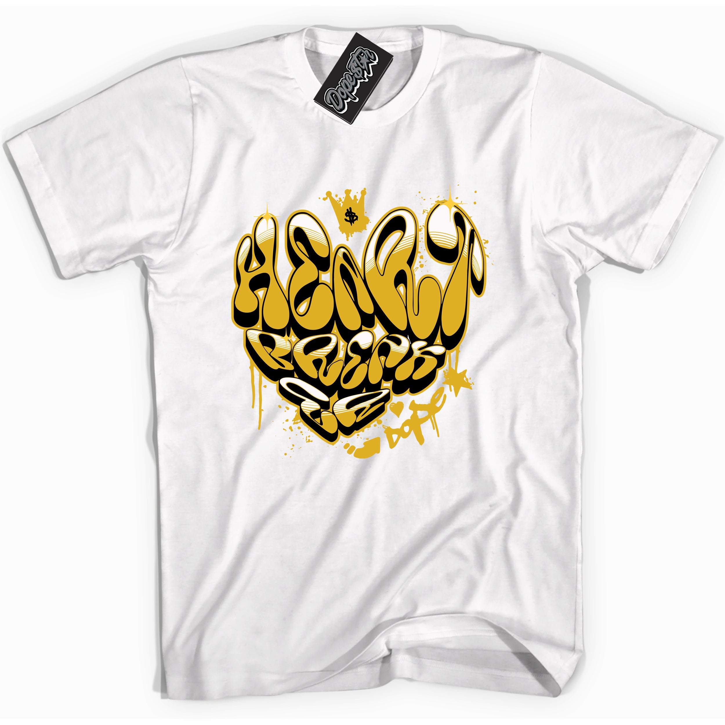 Cool White Shirt with “ Heartbreaker Graffiti” design that perfectly matches Yellow Ochre 6s Sneakers.