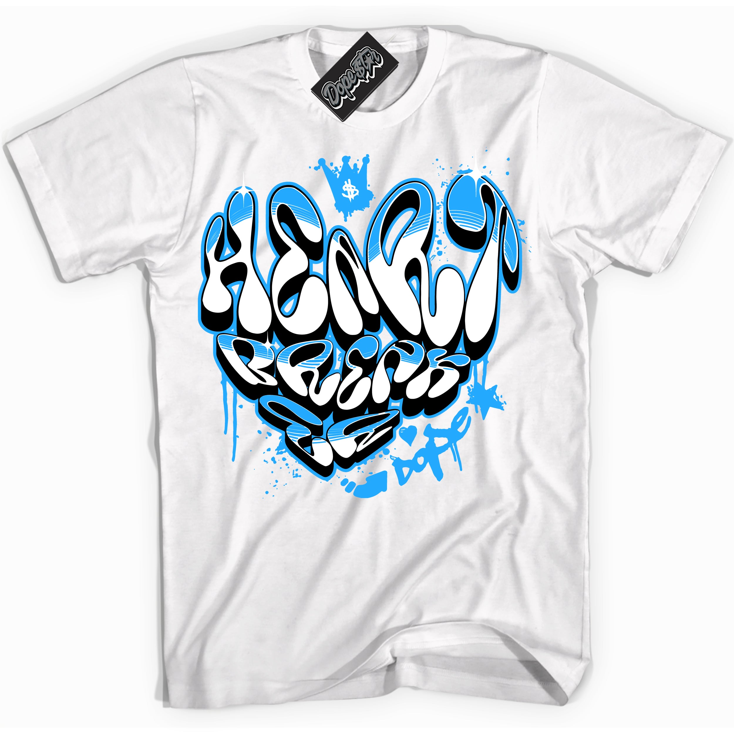 Cool White graphic tee with “ Heartbreaker Graffiti ” design, that perfectly matches Powder Blue 9s sneakers 