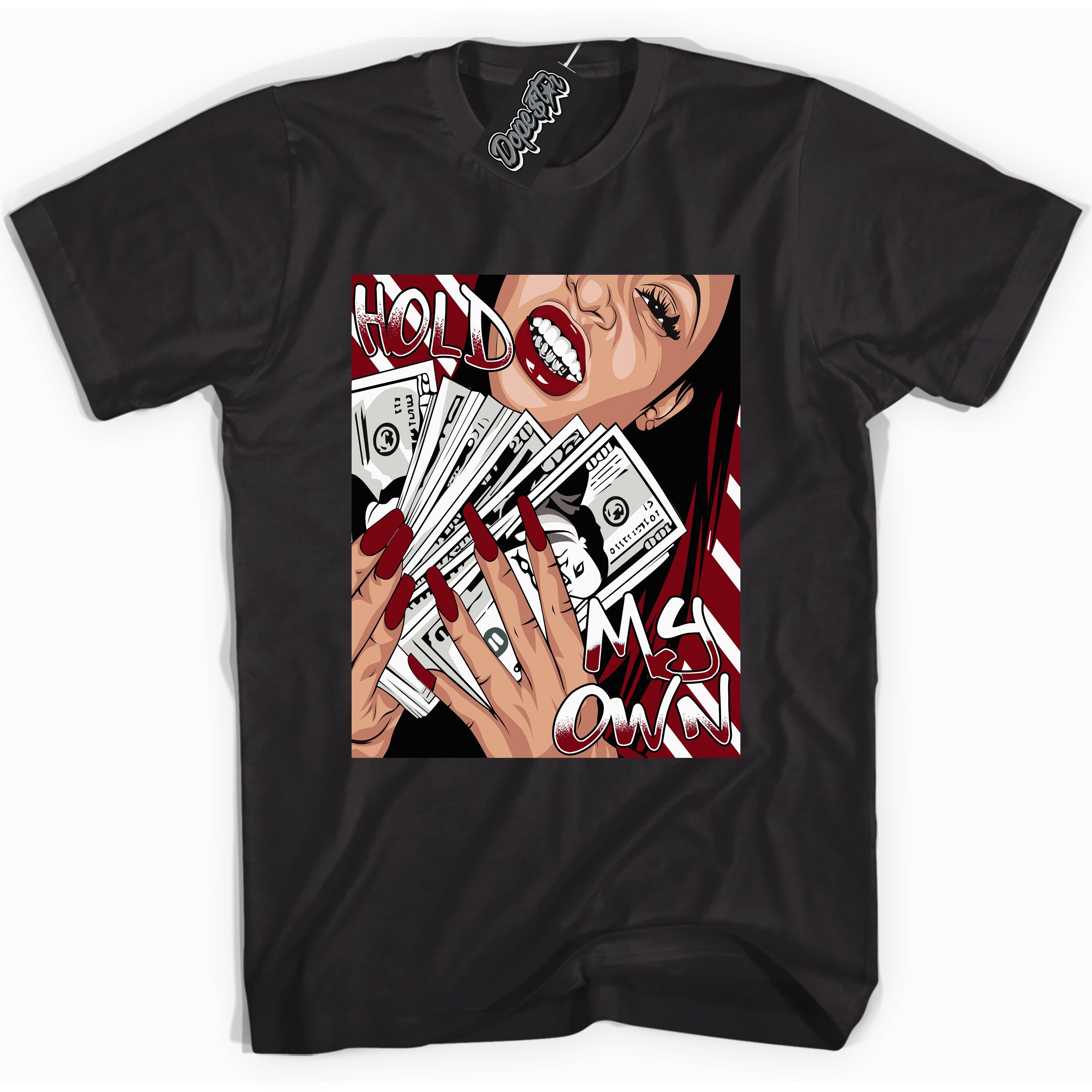 Cool Black graphic tee with “ Hold My Own ” print, that perfectly matches OG Metallic Burgundy 1s sneakers 