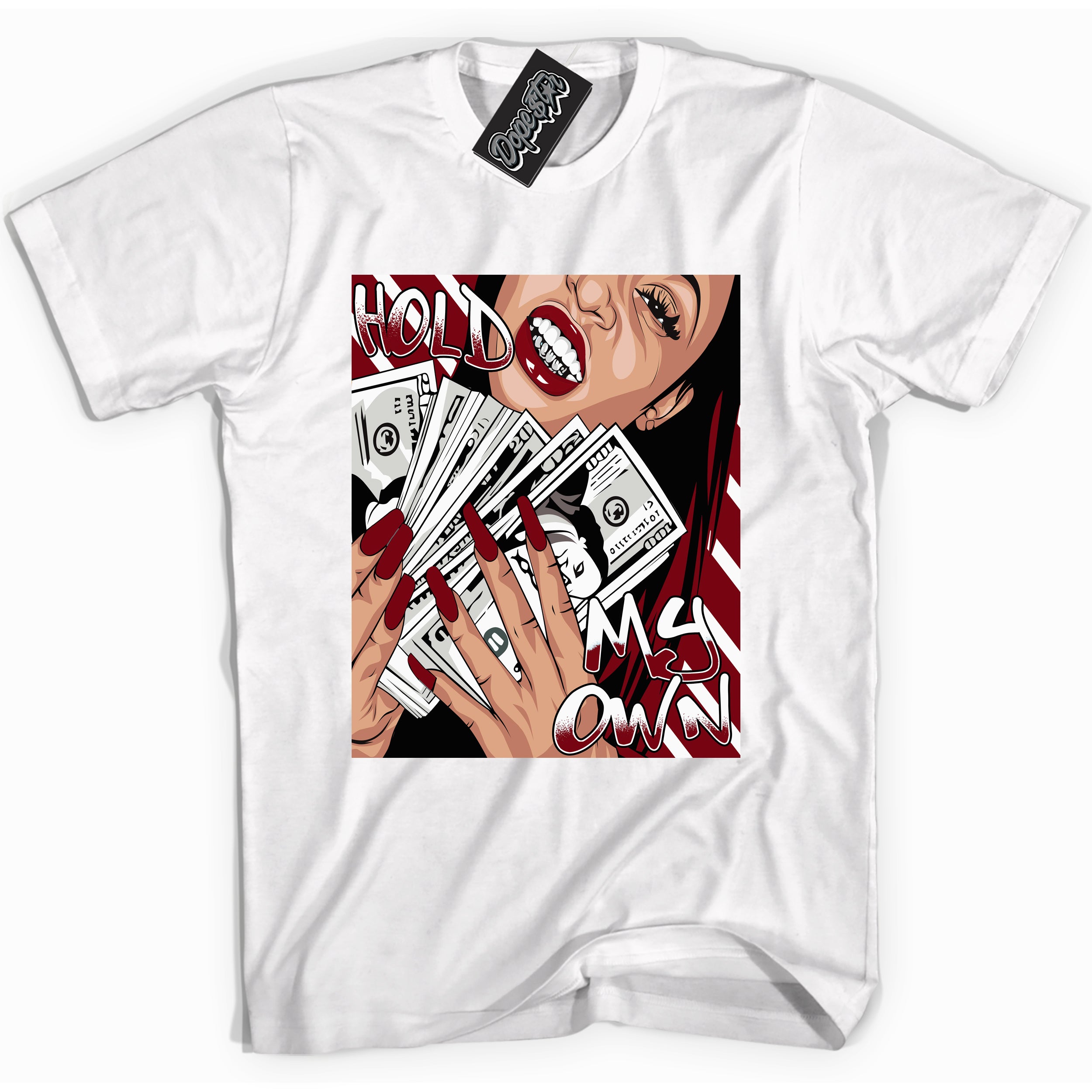 Cool White graphic tee with “ Hold My Own ” print, that perfectly matches OG Metallic Burgundy 1s sneakers 
