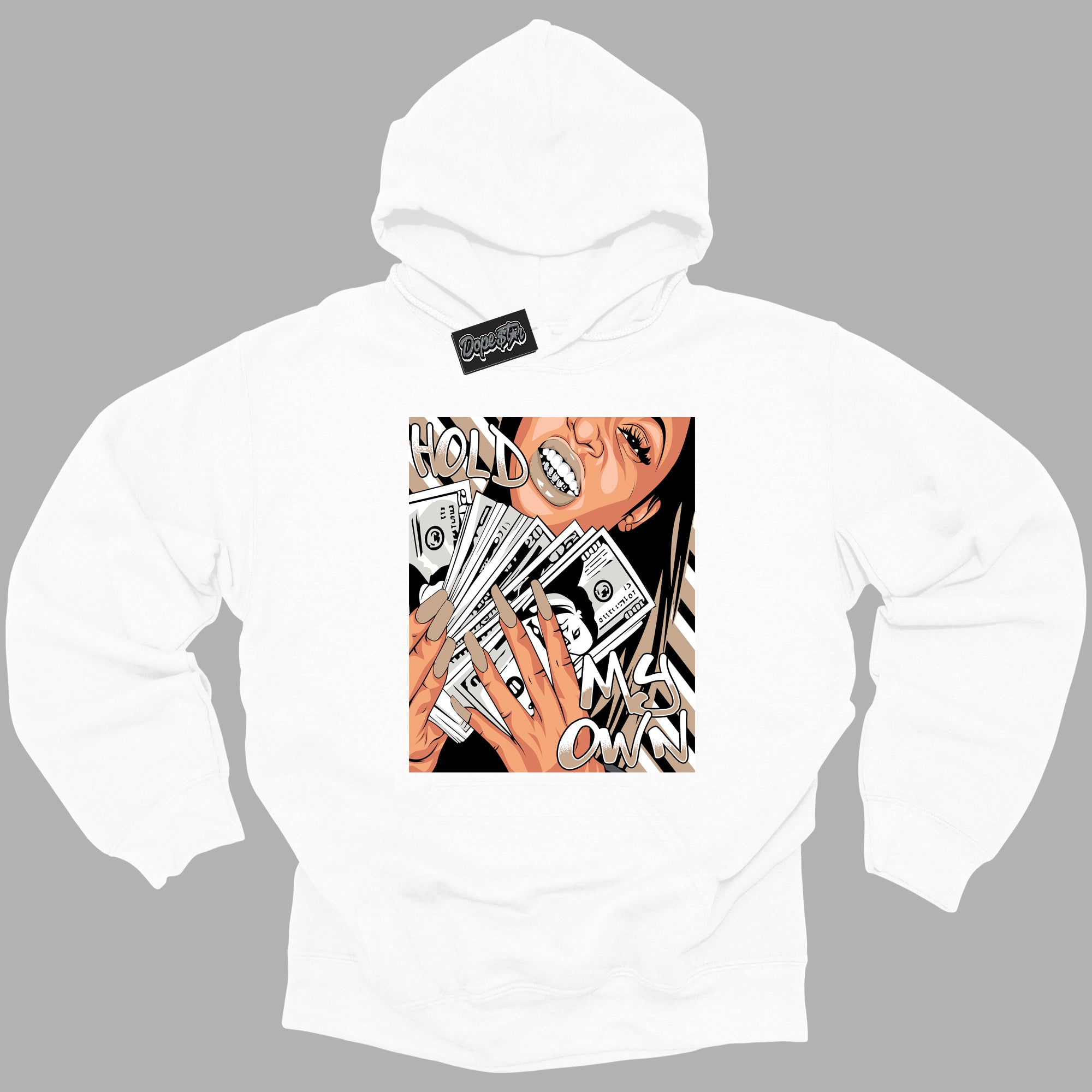 Cool White Graphic DopeStar Hoodie with “ Hold My Own “ print, that perfectly matches Palomino 1s sneakers