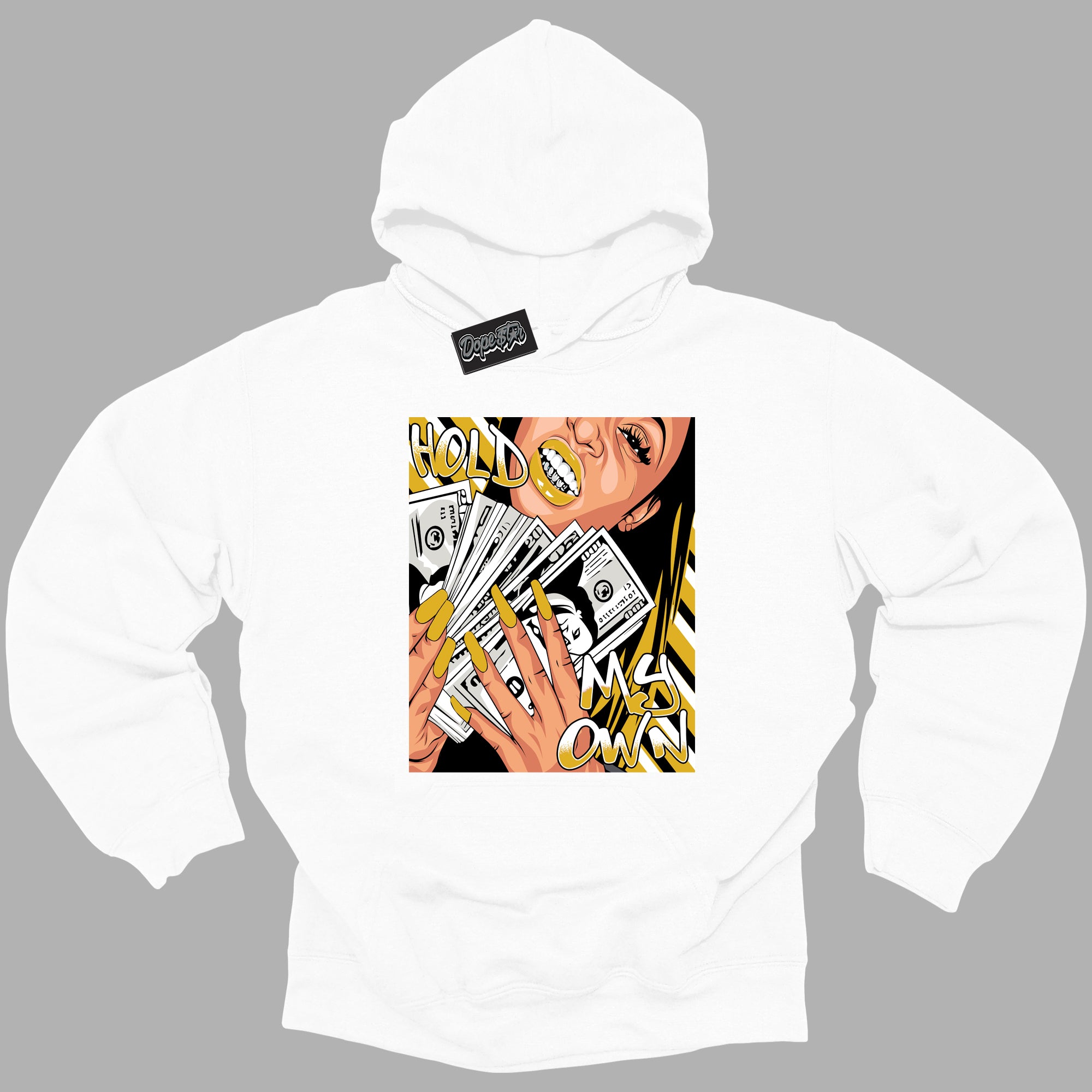 Cool White Hoodie with “ Hold My Own ”  design that Perfectly Matches Yellow Ochre 6s Sneakers.