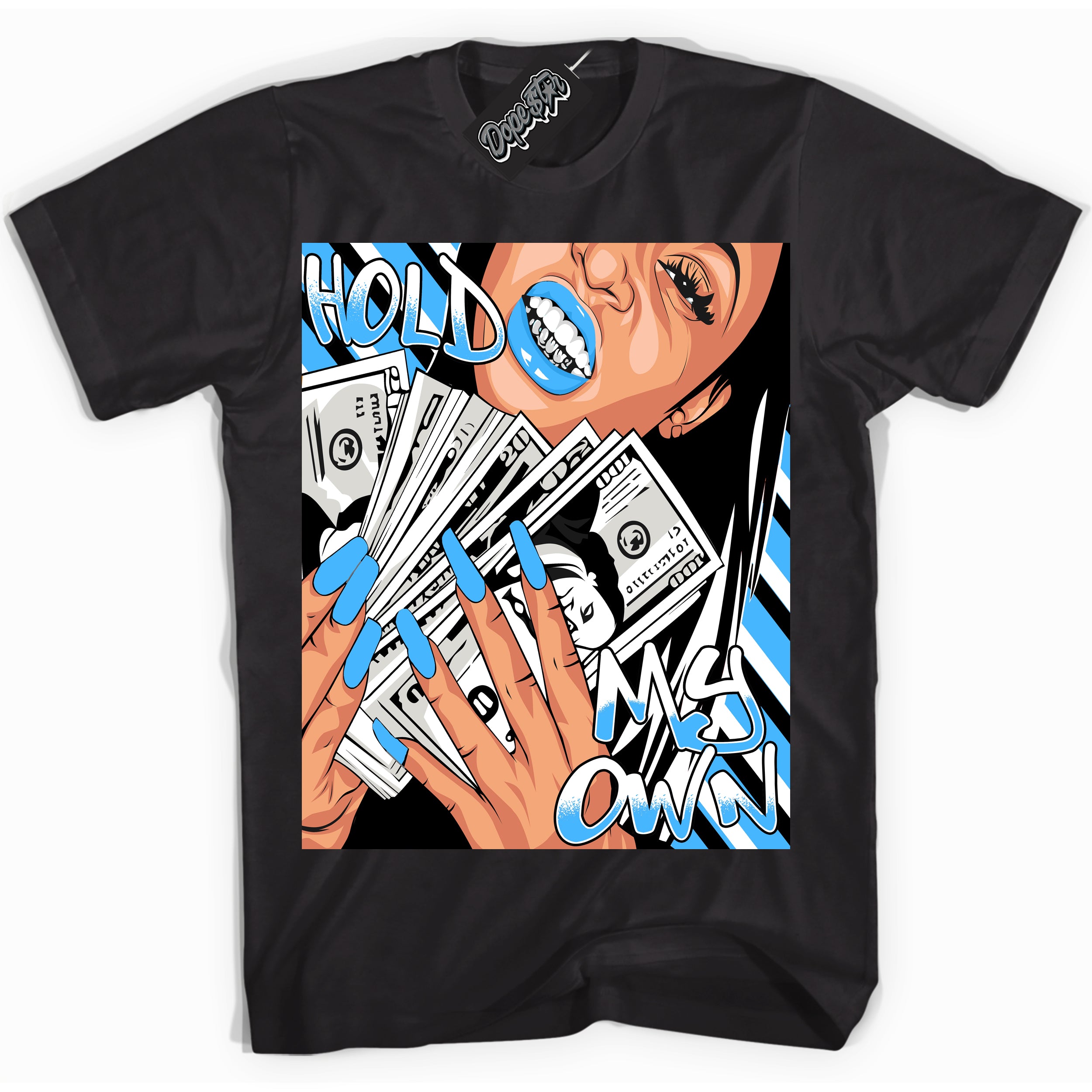 Cool Black graphic tee with “ Hold My Own ” design, that perfectly matches Powder Blue 9s sneakers 