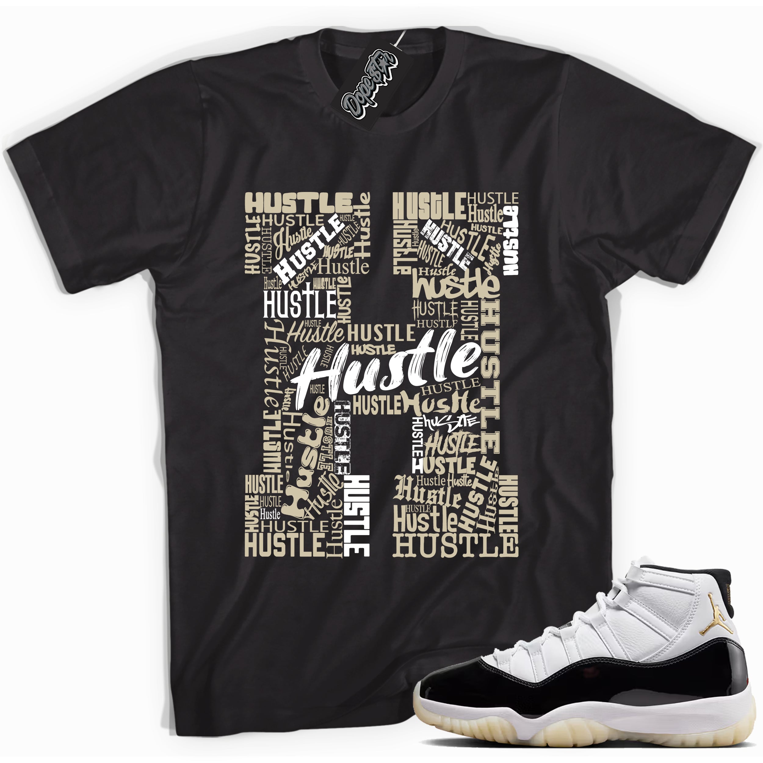 Cool Black graphic tee with “ Hustle H ” print, that perfectly matches AIR JORDAN 11 GRATITUDE  sneakers 
