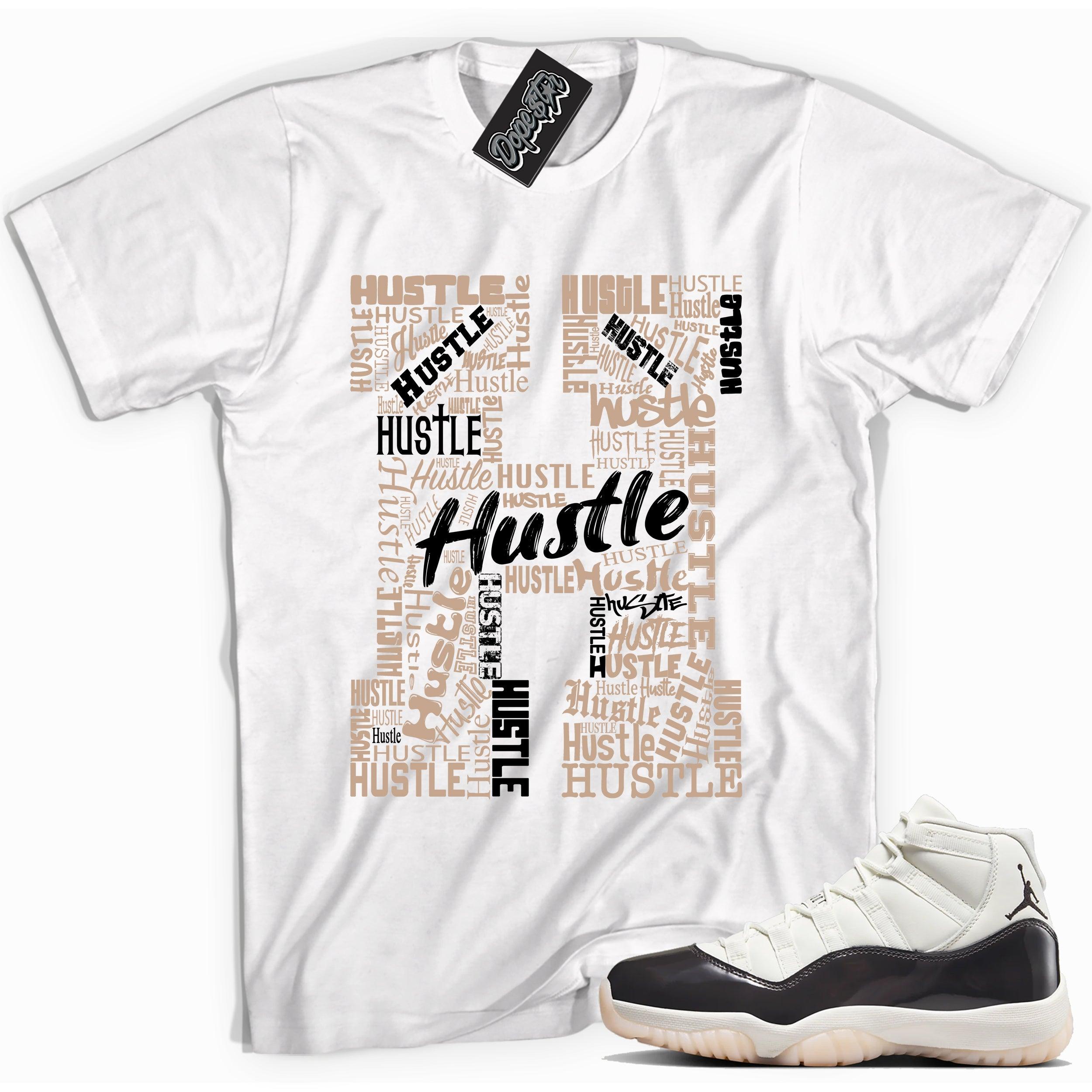 Cool White graphic tee with “ Hustle H ” print, that perfectly matches Air Jordan 11 Neapolitan sneakers 