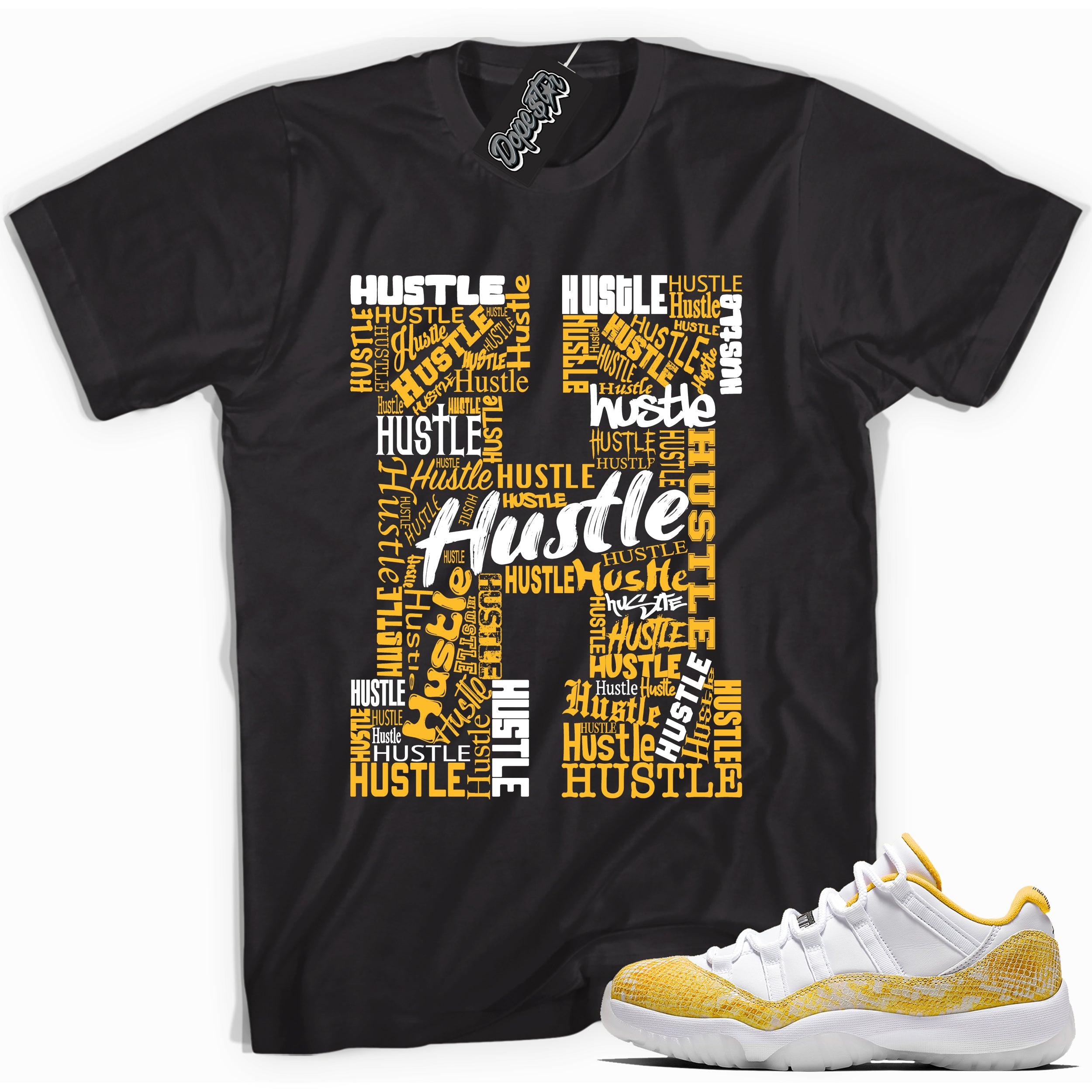Cool black graphic tee with 'H for hustle' print, that perfectly matches  Air Jordan 11 Retro Low Yellow Snakeskin sneakers
