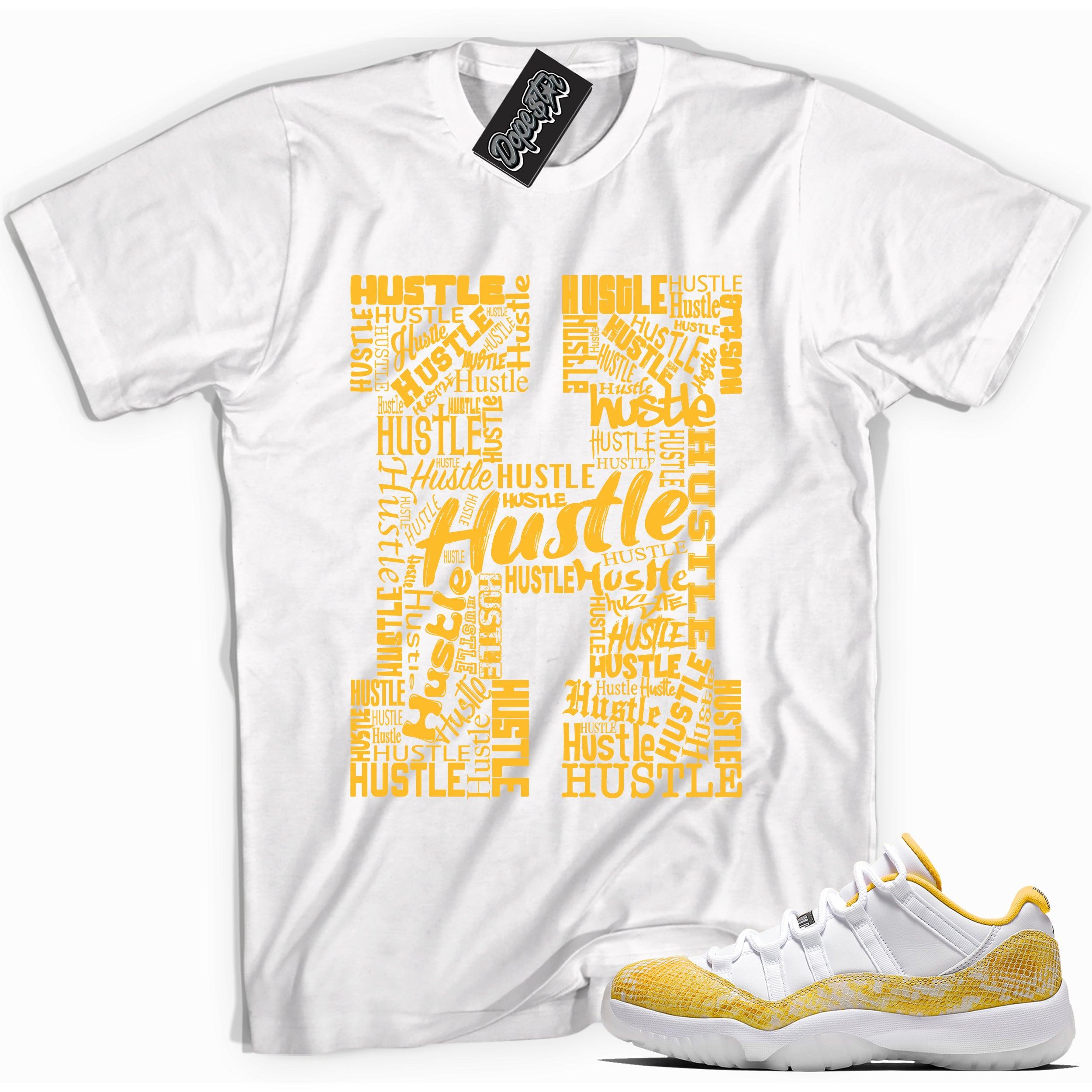 Cool white graphic tee with 'H for hustle' print, that perfectly matches Air Jordan 11 Retro Low Yellow Snakeskin sneakers