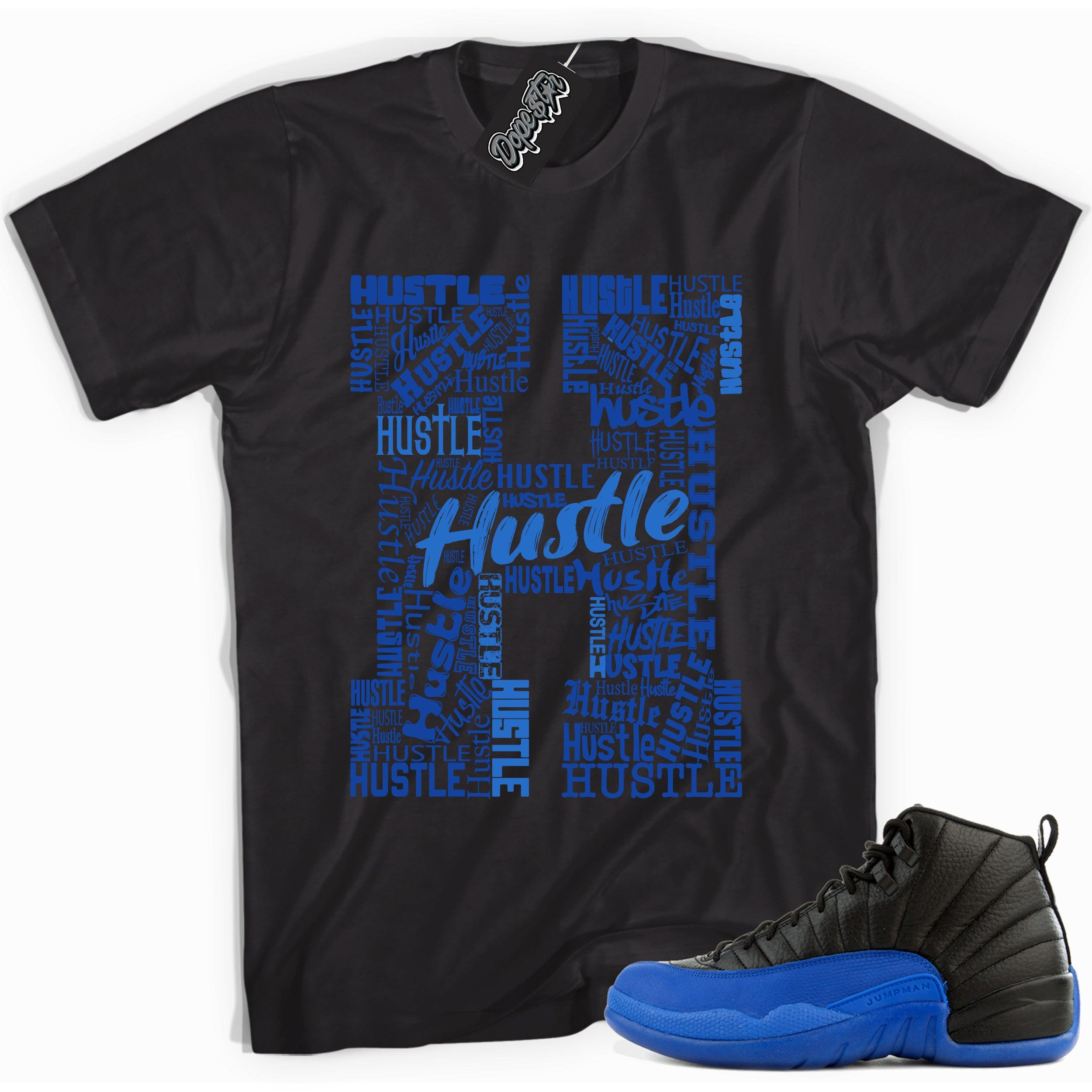 Cool black graphic tee with 'hustle' print, that perfectly matches  Air Jordan 12 Retro Black Game Royal sneakers.