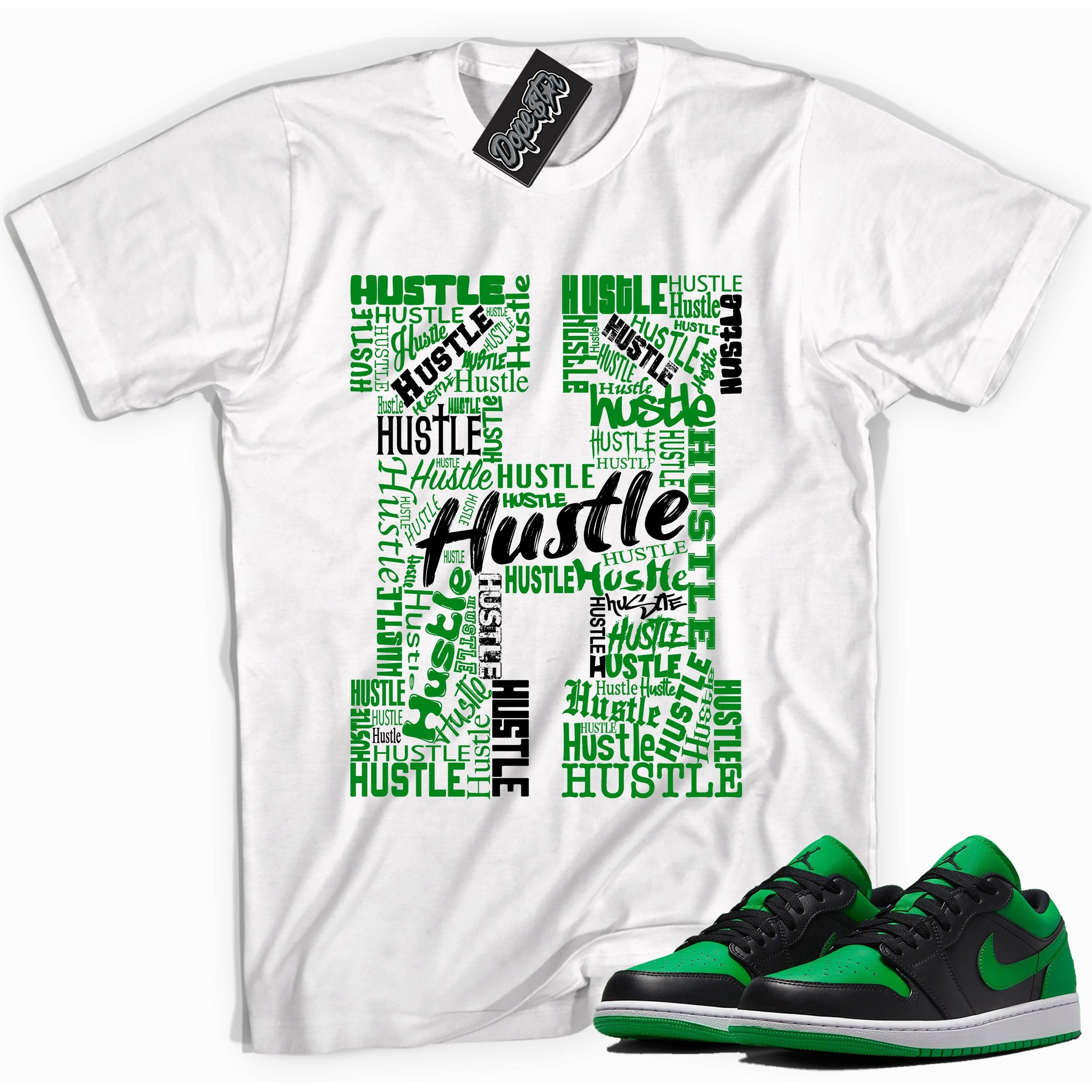 Cool white graphic tee with 'H For Hustle' print, that perfectly matches Air Jordan 1 Low Lucky Green sneakers