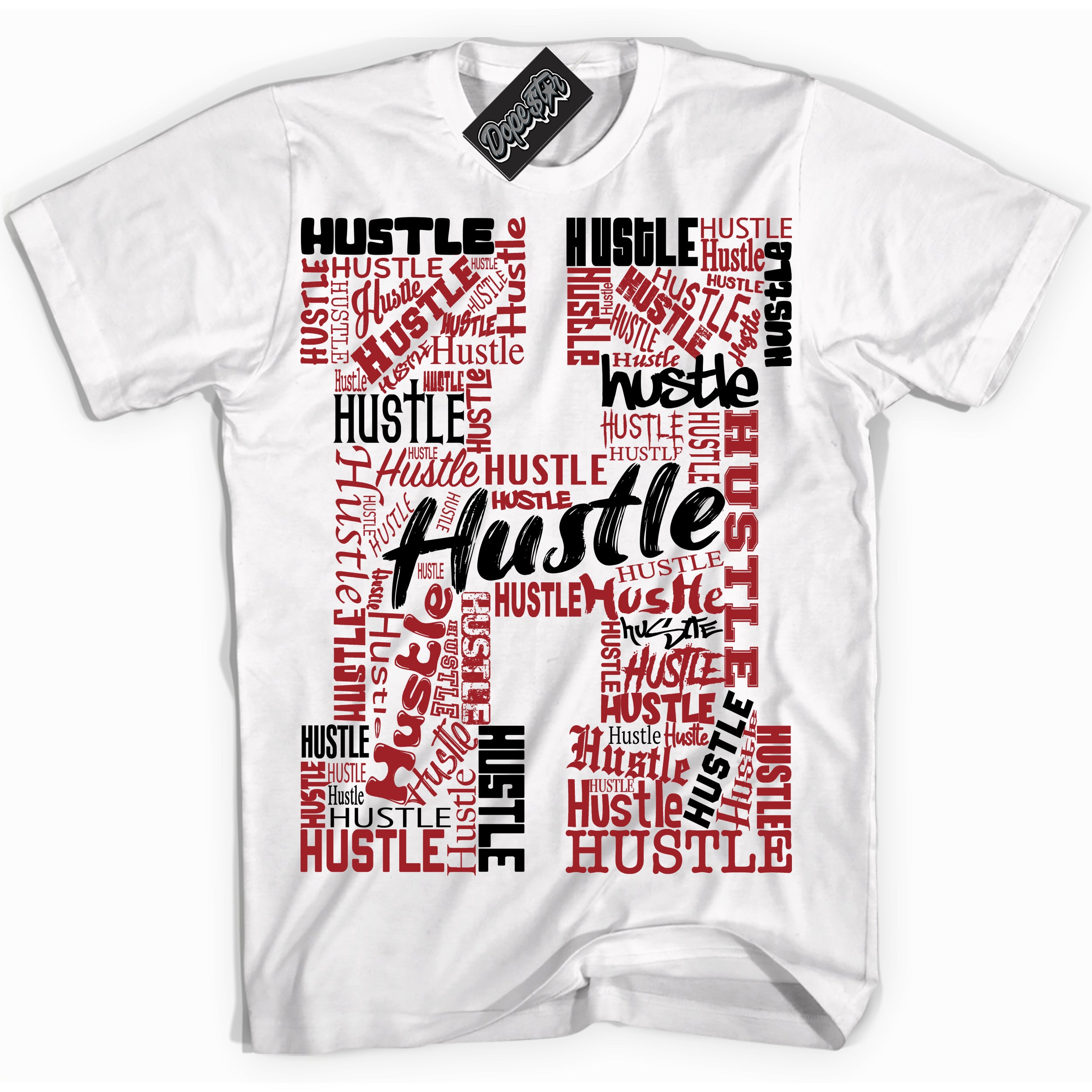 Cool White graphic tee with “ Hustle ” print, that perfectly matches Lost And Found 1s sneakers 