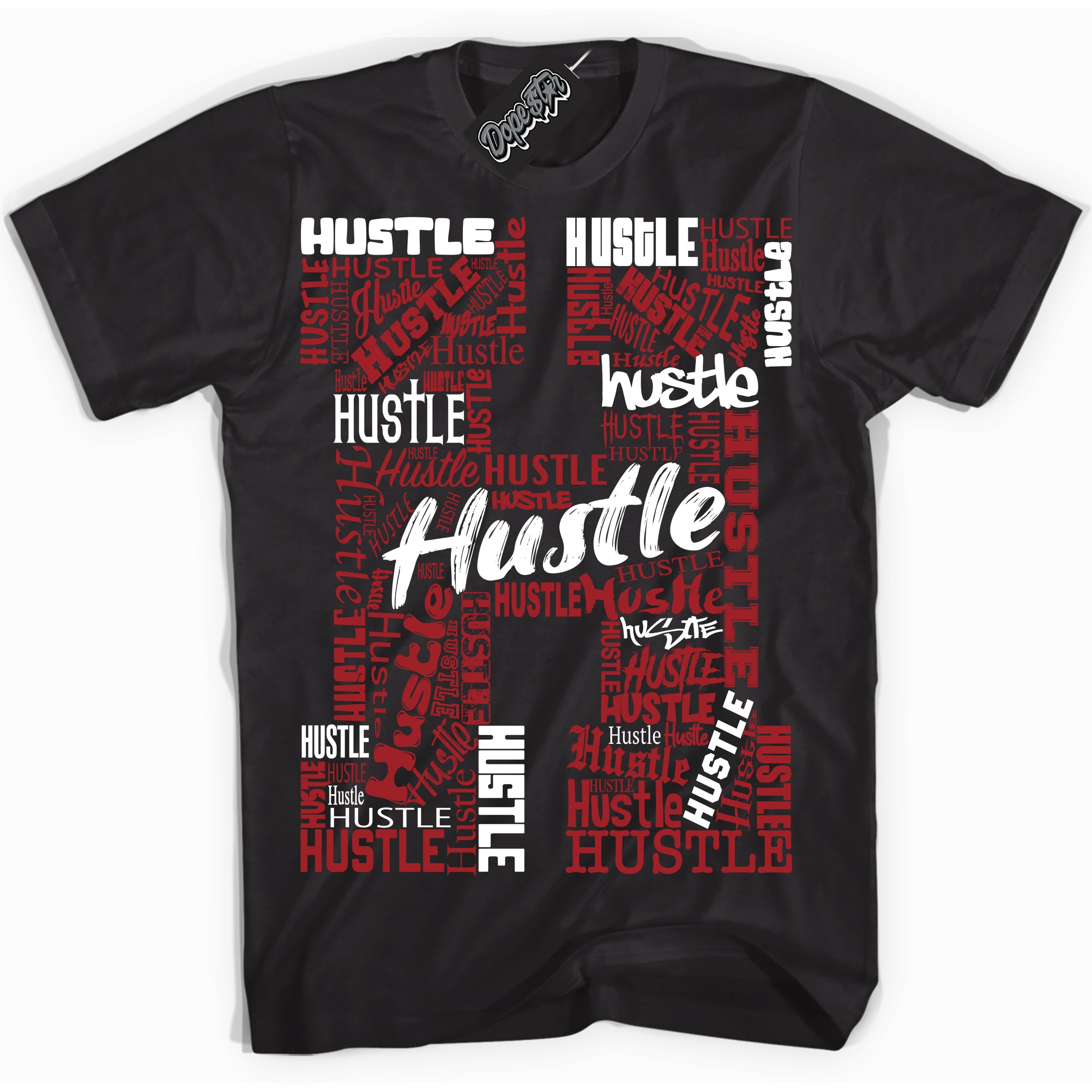 Cool Black graphic tee with “ Hustle ” print, that perfectly matches Lost And Found 1s sneakers 