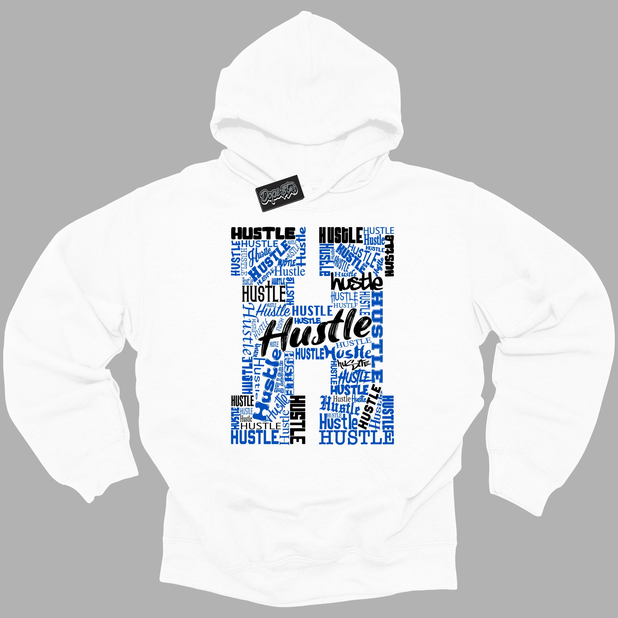 Cool White Hoodie with “ Hustle H ”  design that Perfectly Matches Royal Reimagined 1s Sneakers.