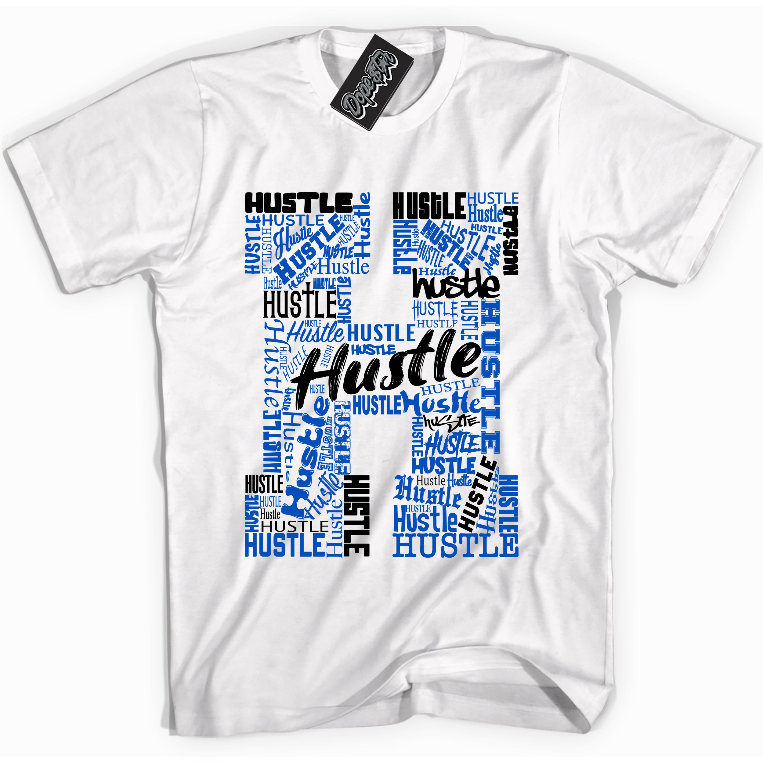 Cool White graphic tee with Hustle design, that perfectly matches Royal Reimagined 1s sneakers 