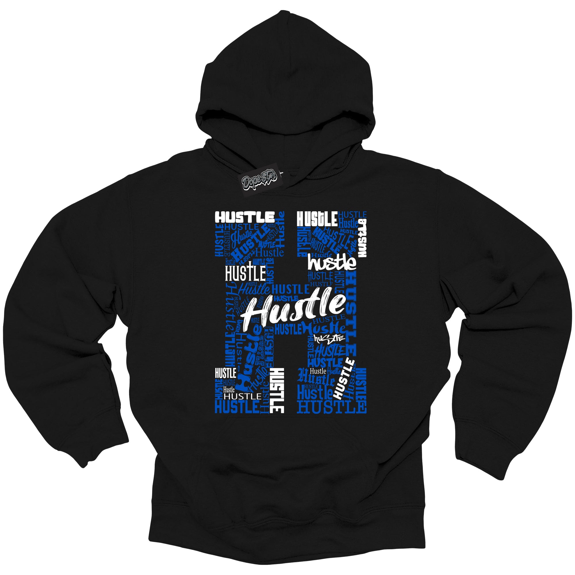 Cool Black Hoodie with “ Hustle H ”  design that Perfectly Matches  Royal Reimagined 1s Sneakers.