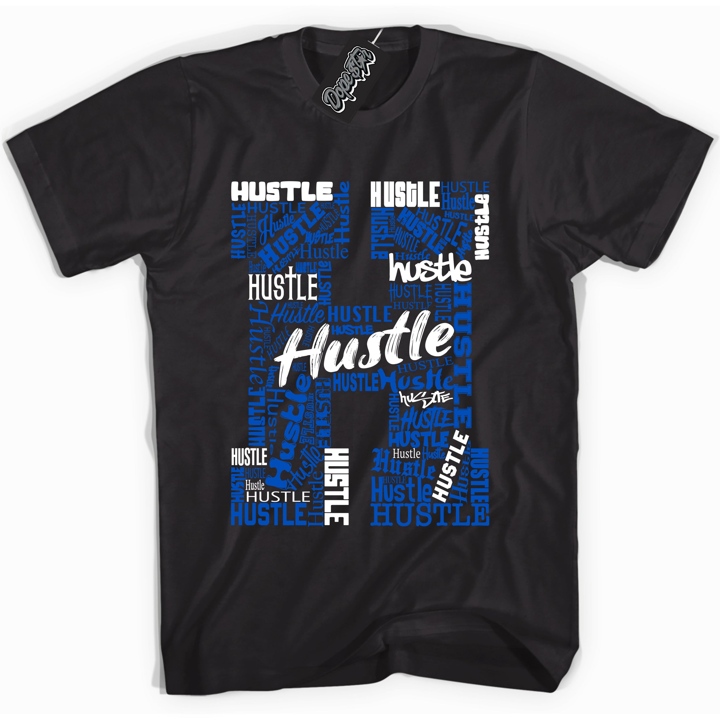 Cool White graphic tee with "Hustle" design, that perfectly matches Royal Reimagined 1s sneakers 