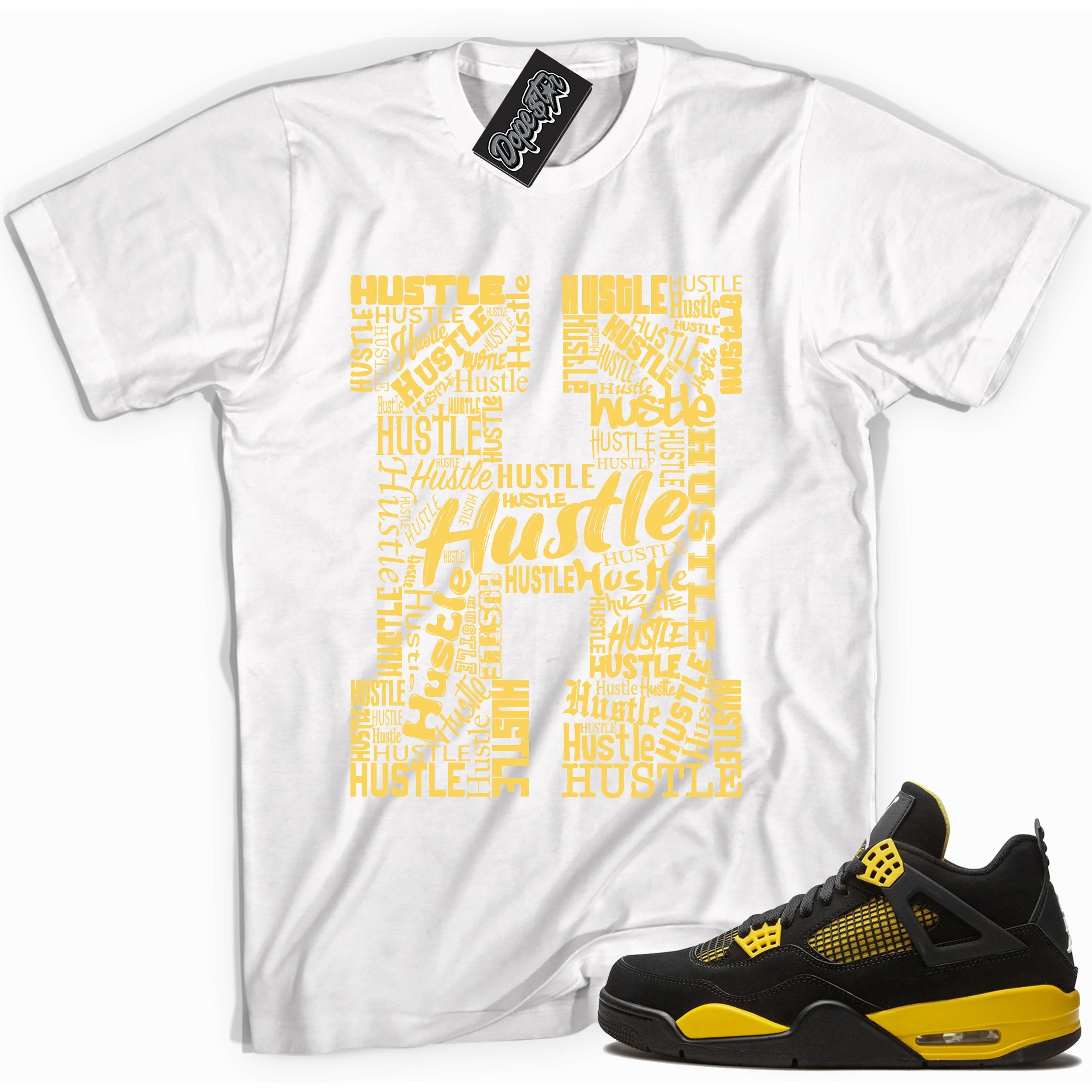 Cool white graphic tee with 'h for hustle' print, that perfectly matches Air Jordan 4 Thunder sneakers
