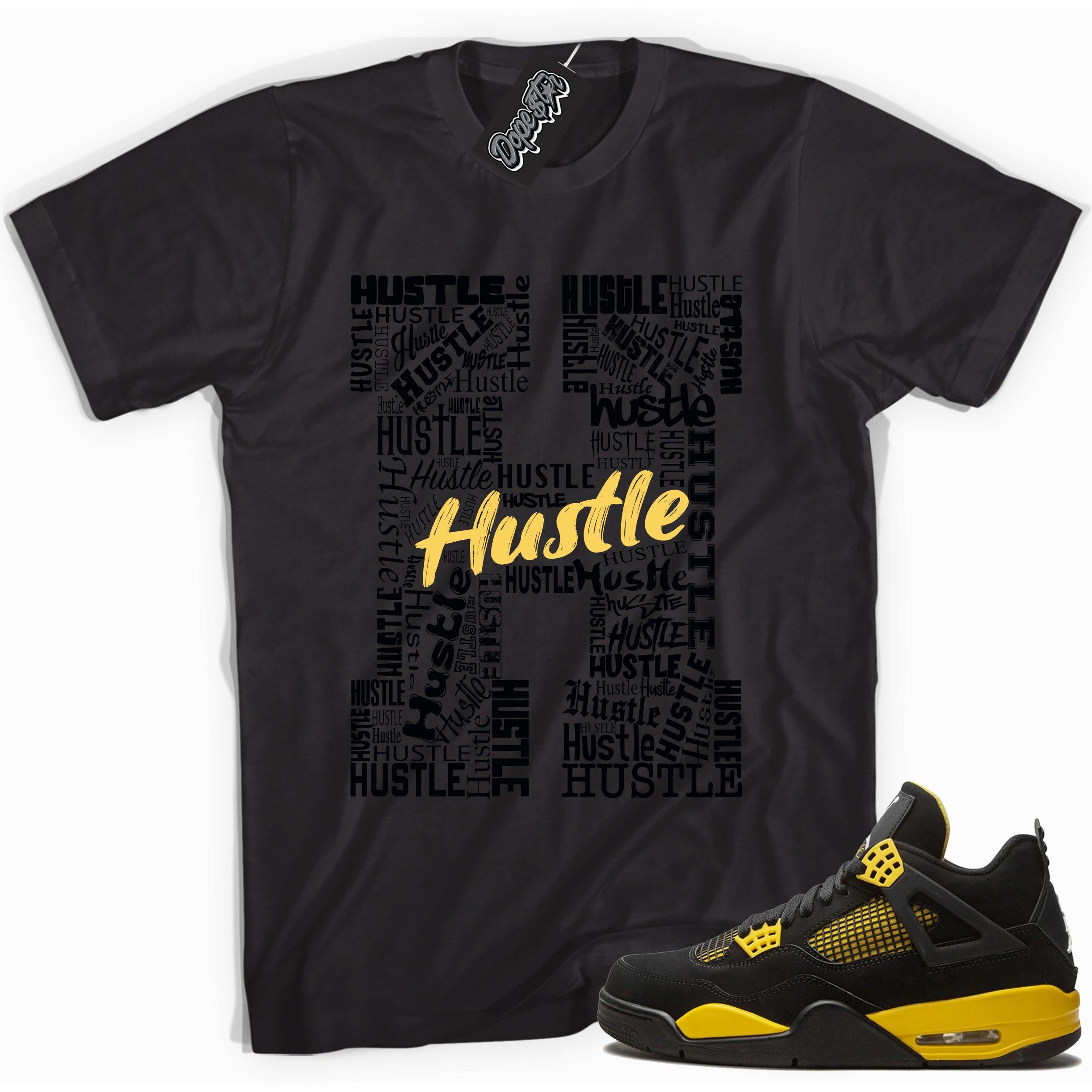 Cool black graphic tee with 'h for hustle' print, that perfectly matches  Air Jordan 4 Thunder sneakers