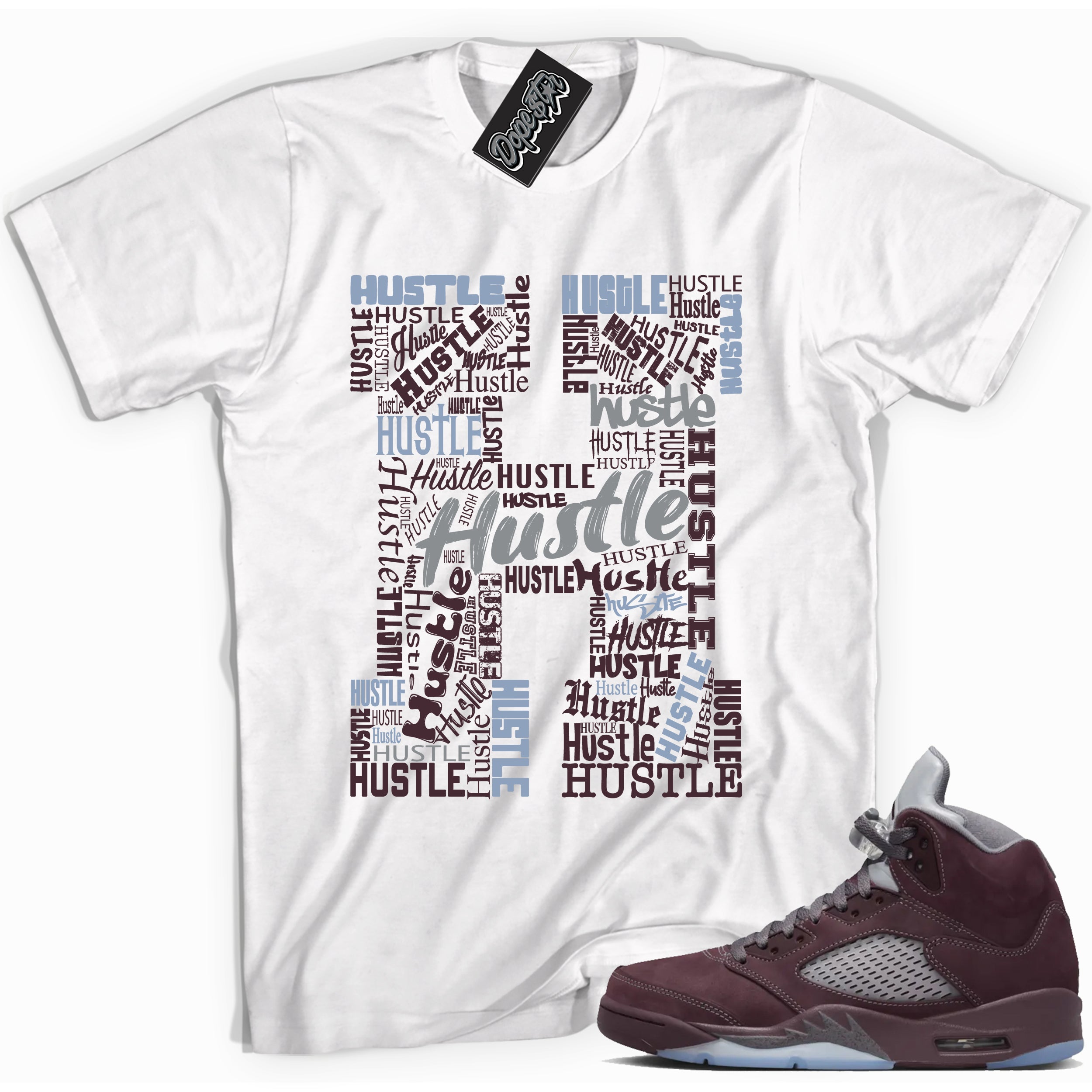 Cool White graphic tee with “  Hustle H ” print, that perfectly matches Air Jordan 5 Burgundy 2023 sneakers 