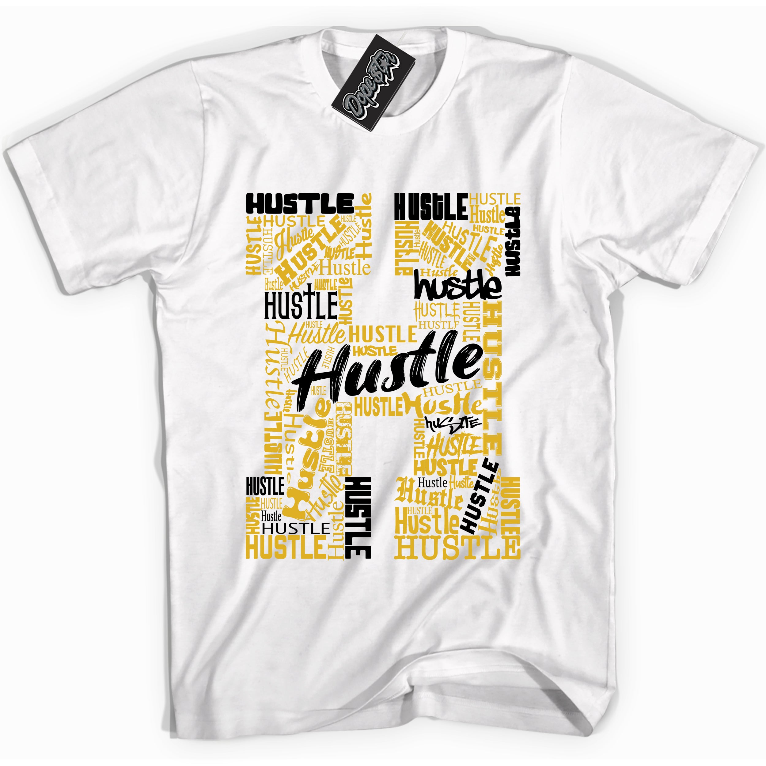 Cool White Shirt With Hustle H design That Perfectly Matches YELLOW OCHRE 6s Sneakers.