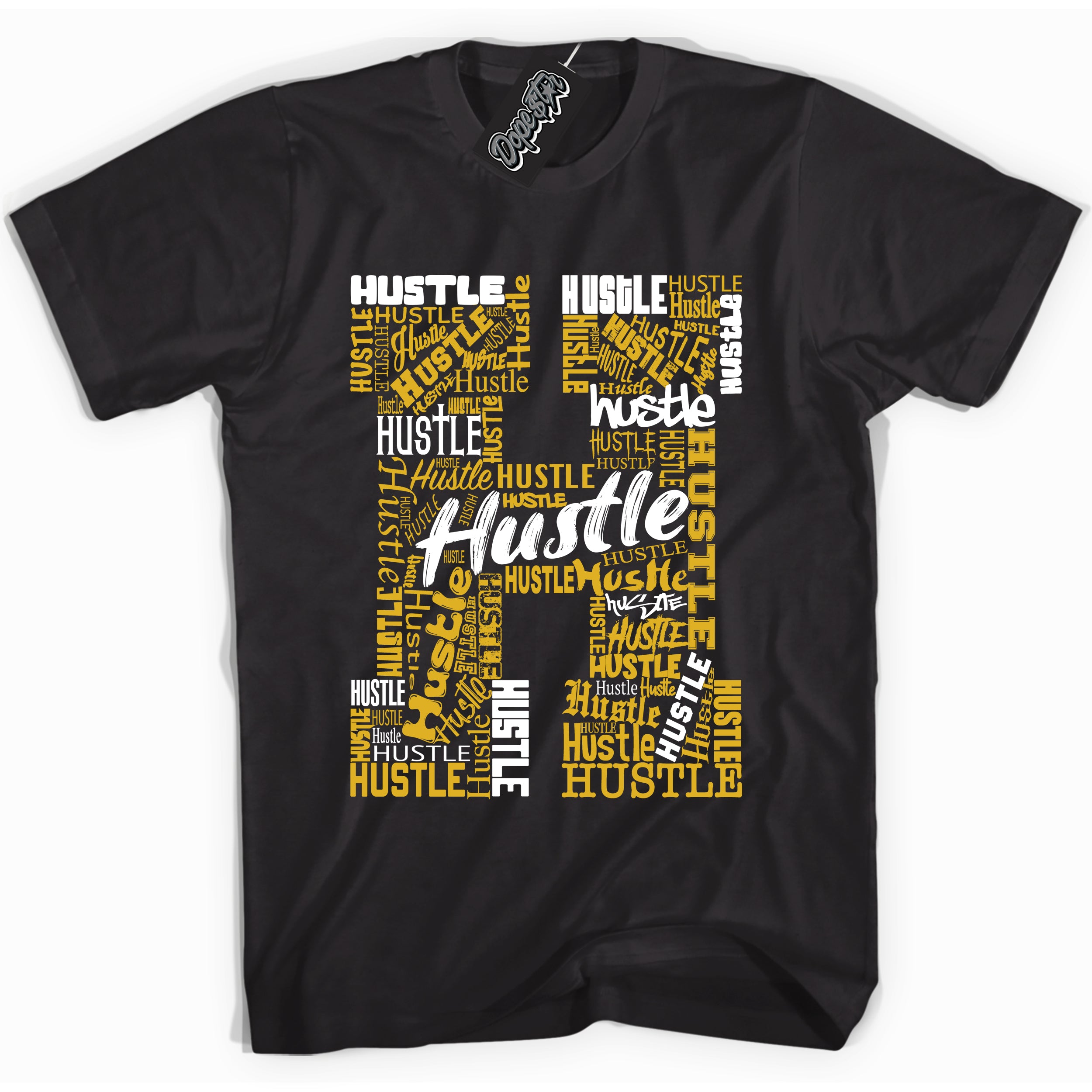 Cool Black Shirt With Hustle H design That Perfectly Matches YELLOW OCHRE 6s Sneakers.