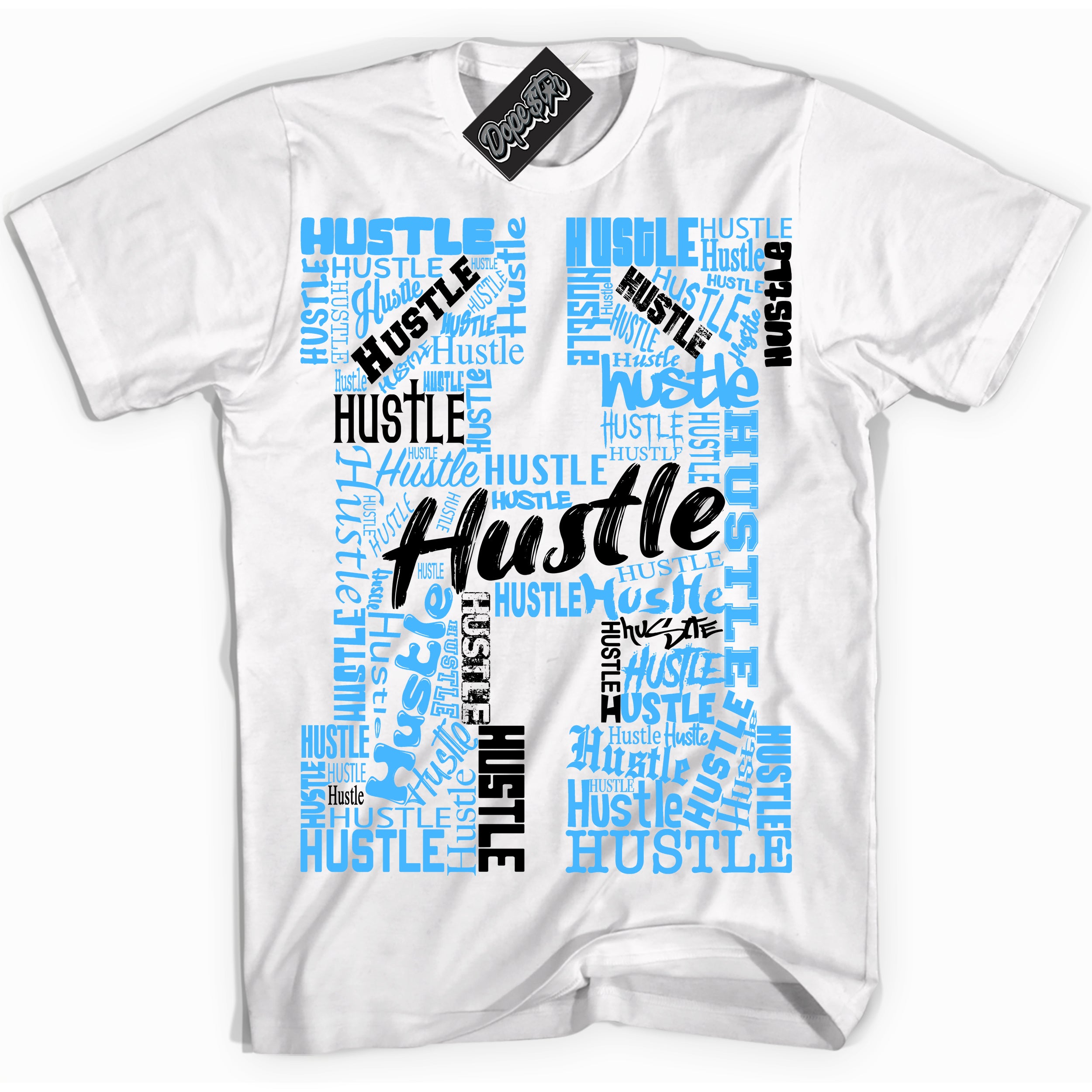 Cool White graphic tee with “ Hustle ” design, that perfectly matches Powder Blue 9s sneakers 