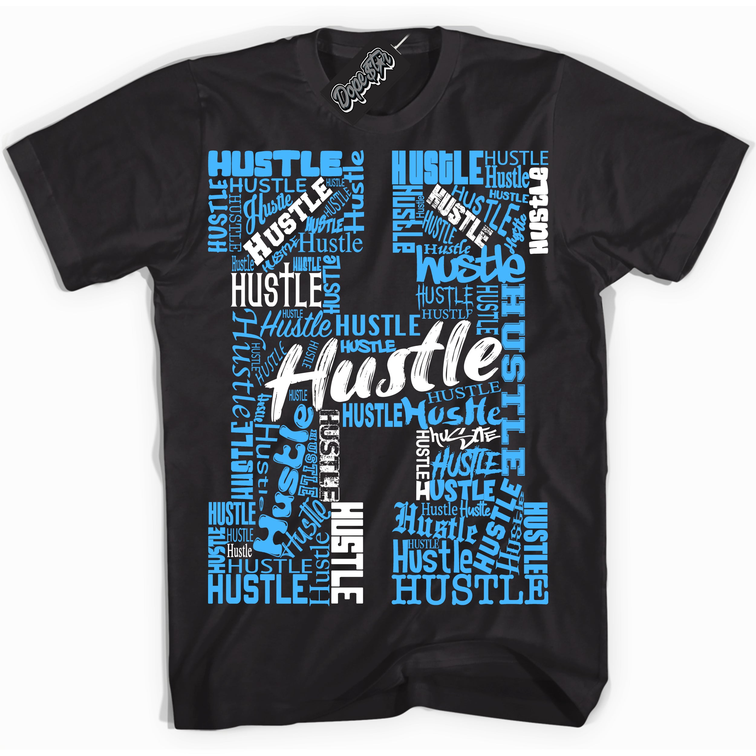 Cool Black graphic tee with “ Hustle ” design, that perfectly matches Powder Blue 9s sneakers 