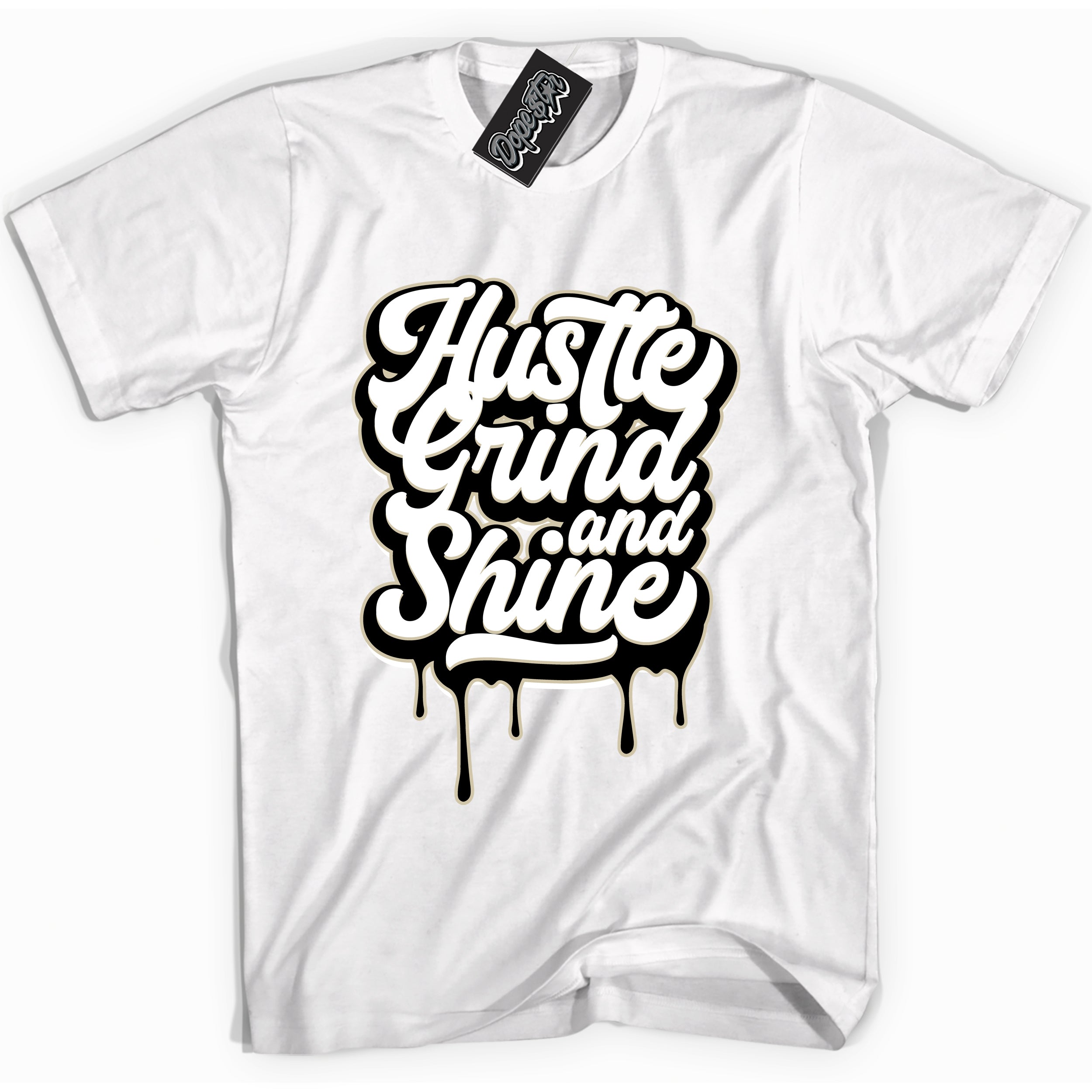 Cool White Shirt with “ Hustle Grind And Shine” design that perfectly matches Gratitude 11s Sneakers.