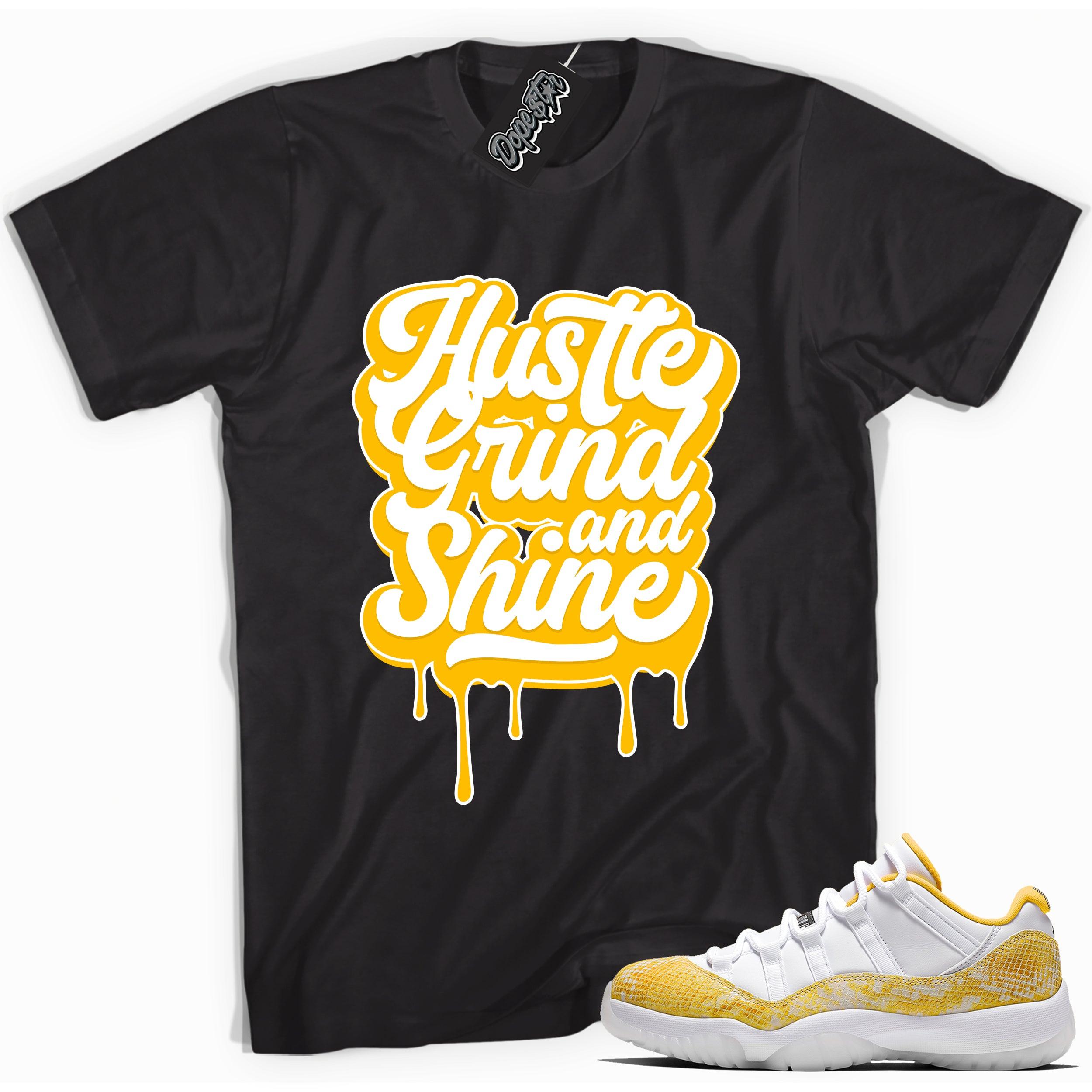 Cool black graphic tee with 'hustle grind and shine' print, that perfectly matches  Air Jordan 11 Retro Low Yellow Snakeskin sneakers