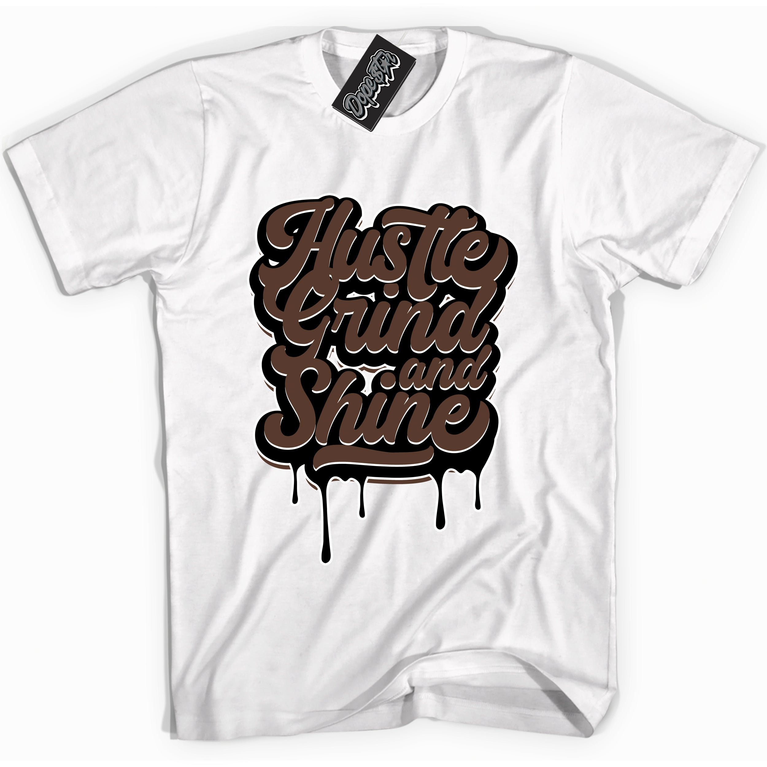 Cool White graphic tee with “ Hustle Grind And Shine ” design, that perfectly matches Palomino 1s sneakers 