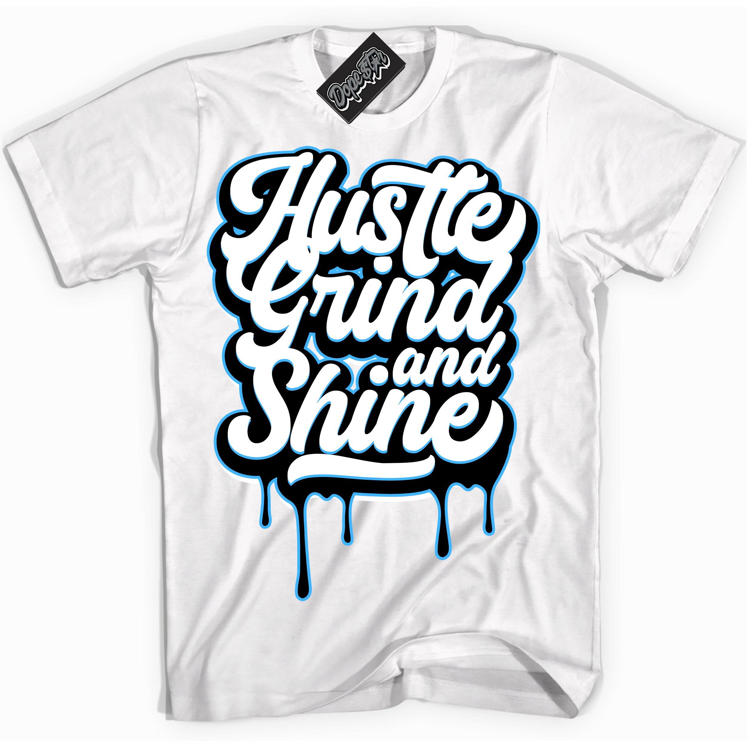 Cool White graphic tee with “ Hustle Grind ” design, that perfectly matches Powder Blue 9s sneakers 