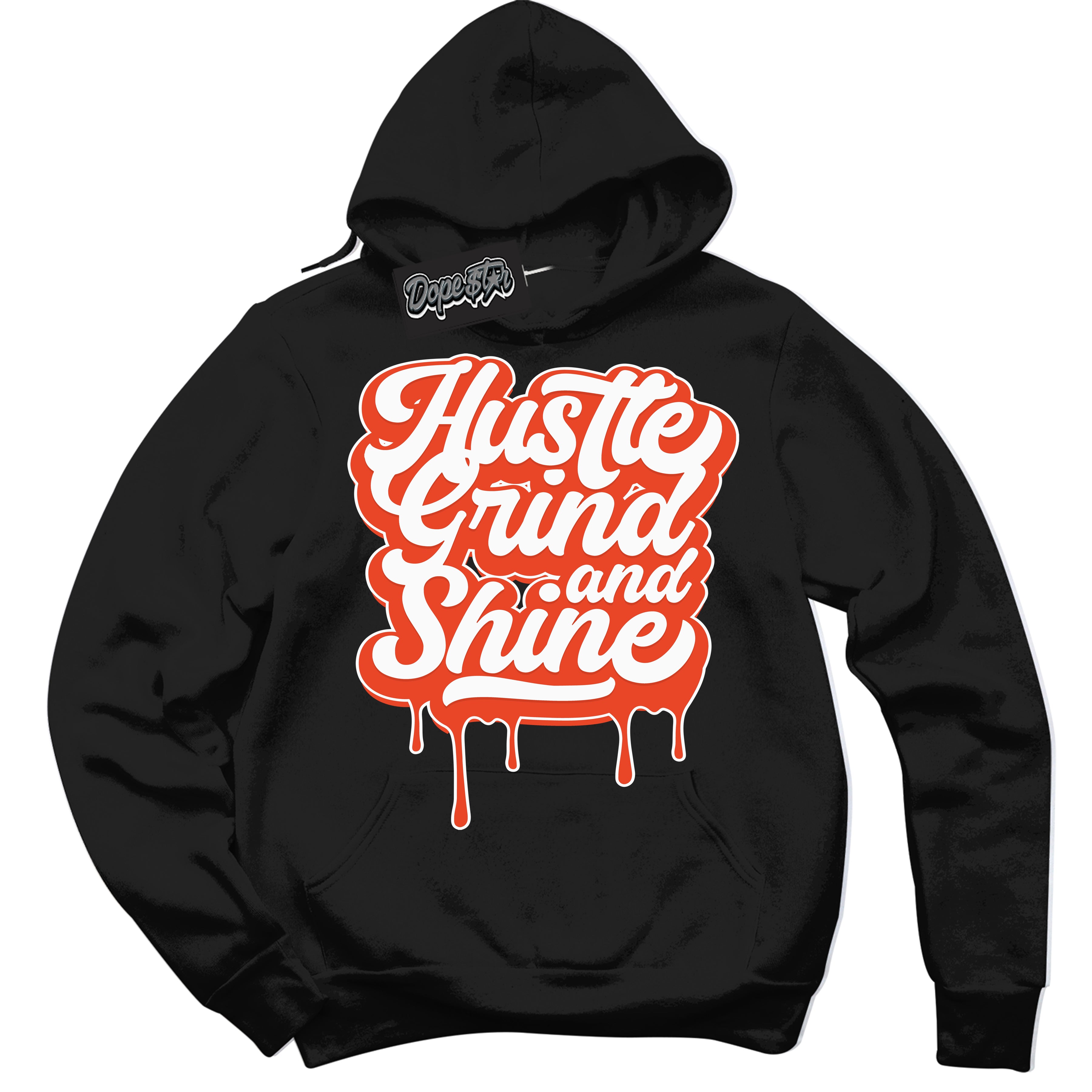 Nike Dunk Low Retro Cosmic Clay 'Hustle Grind And Shine' Hoodie - Black Streetwear Mockup | Sneakerhead Sweatshirt Matching Nike Dunk Low Retro Cosmic Clay | Limited Edition Urban Streetwear for Sneaker Matching OOTD | Outfits that pair perfectly with your ND Low Retro Cosmic Clay | Sneakerhead Fashion Must-Have Apparel for Men and Women.