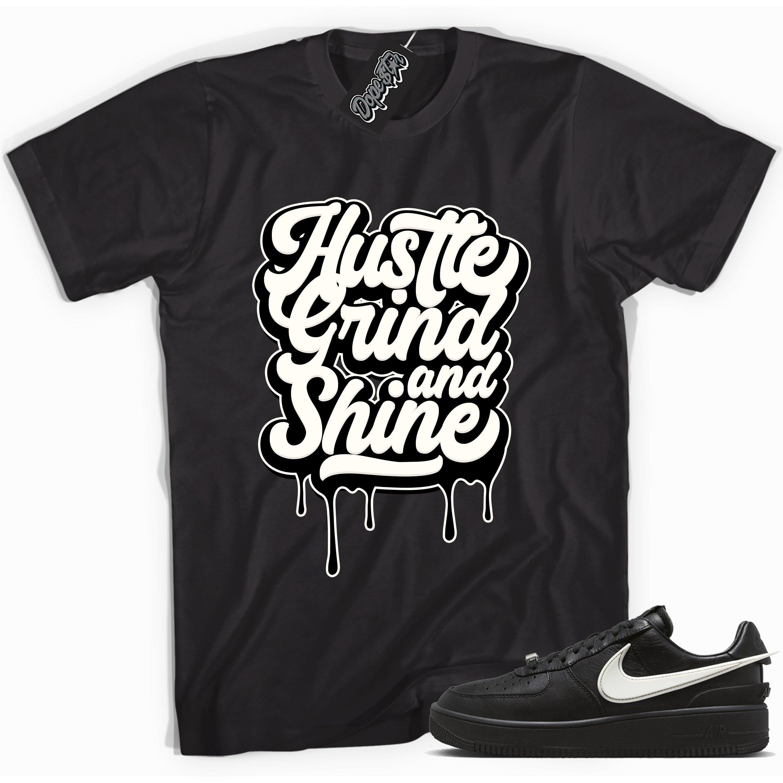 Cool black graphic tee with 'hustle grind and shine ' print, that perfectly matches Nike Air Force 1 Low SP Ambush Phantom sneakers.